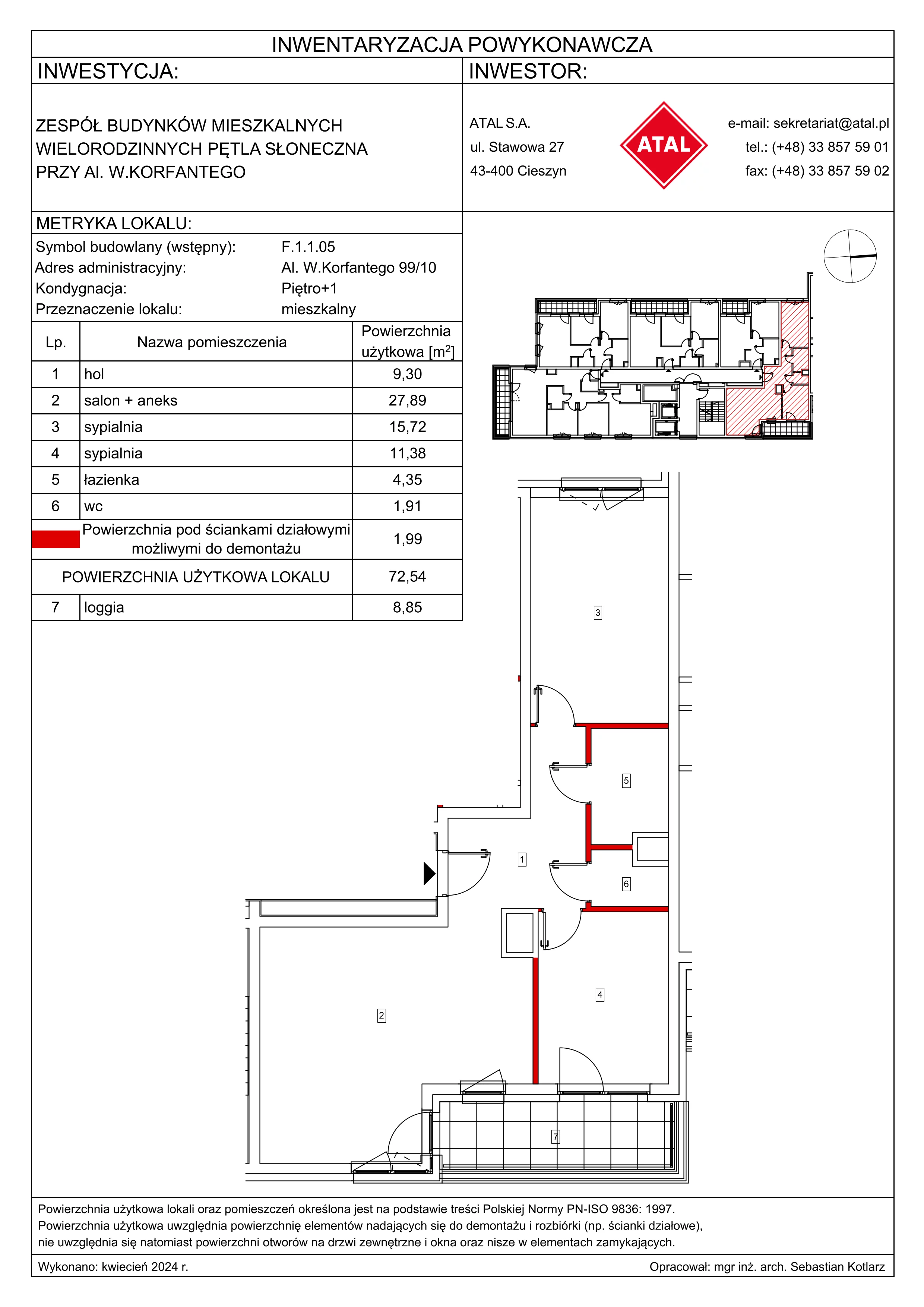 3 pokoje, mieszkanie 72,54 m², piętro 1, oferta nr F.1.1.05, ATAL SKY+, Katowice, Wełnowiec-Józefowiec, Wełnowiec, al. Wojciecha Korfantego 85-89