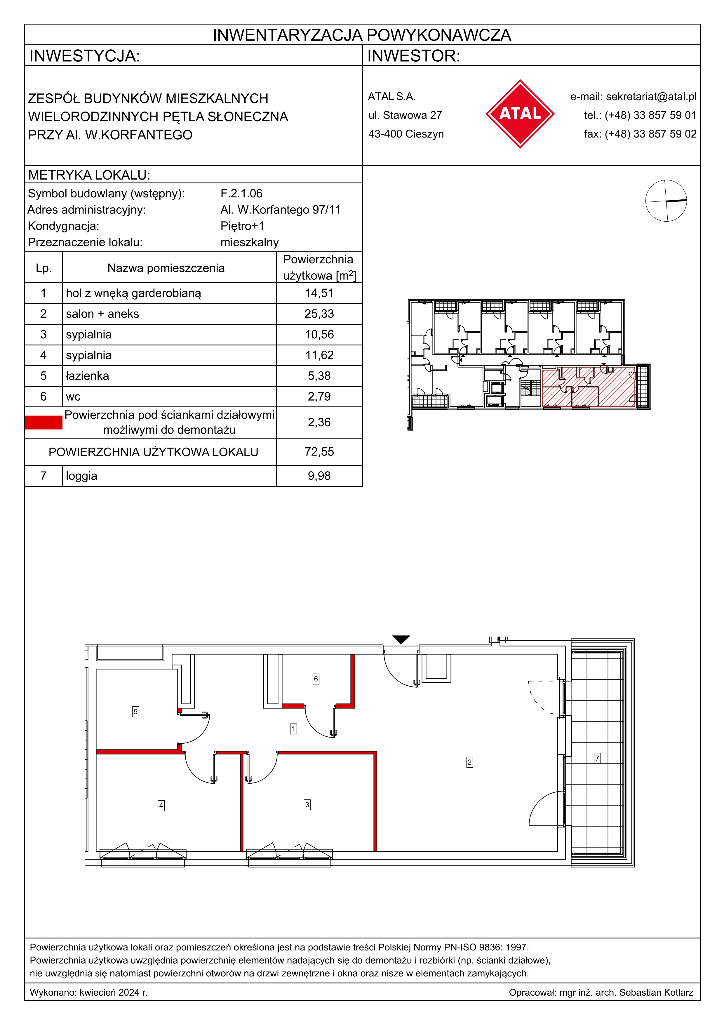 3 pokoje, mieszkanie 72,55 m², piętro 1, oferta nr F.2.1.06, ATAL SKY+, Katowice, Wełnowiec-Józefowiec, Wełnowiec, al. Wojciecha Korfantego 85-89