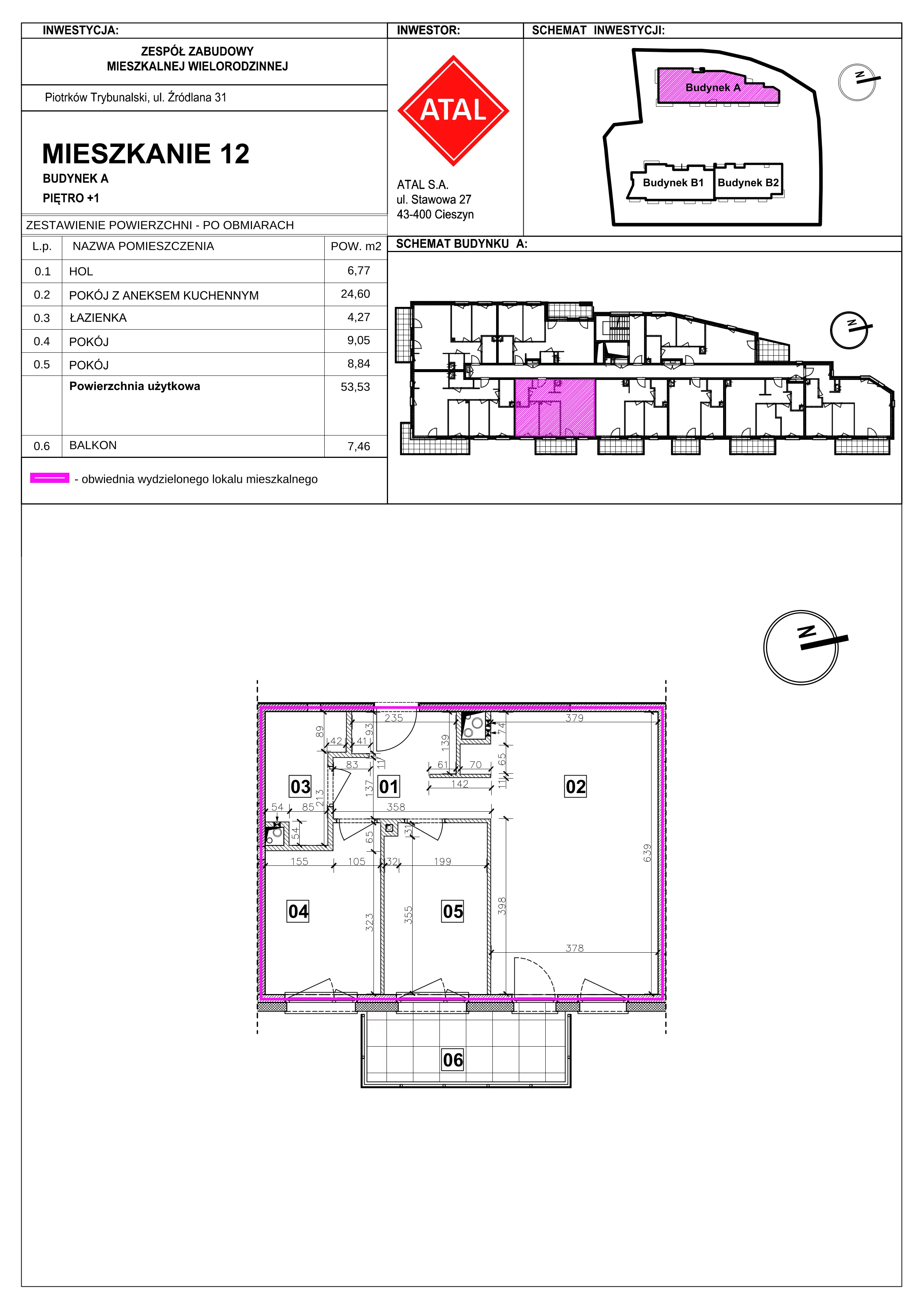 3 pokoje, mieszkanie 53,53 m², piętro 1, oferta nr A-M-1-04, Źródlana 31 Residence, Piotrków Trybunalski, Źródlana, ul. Źródlana 31