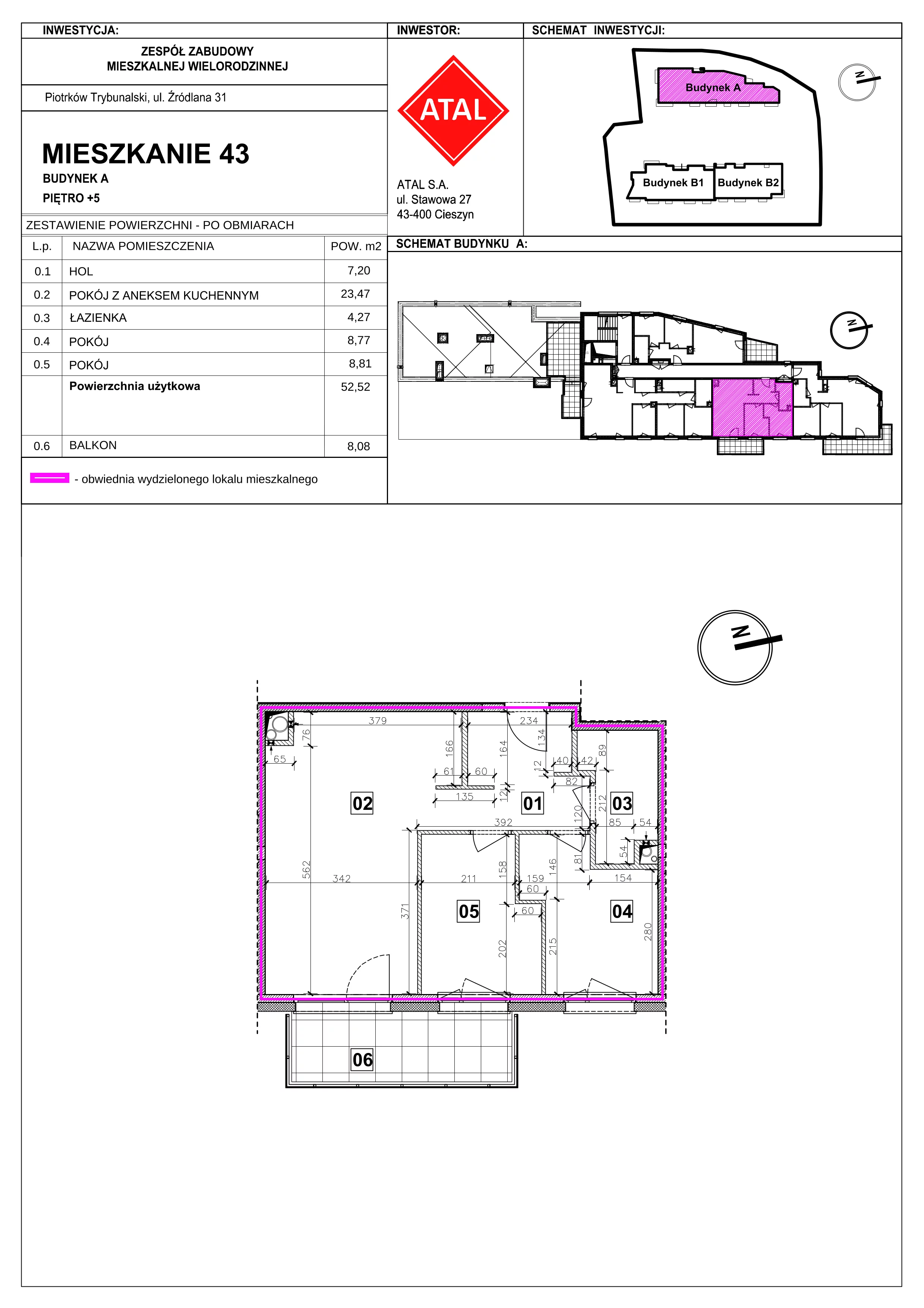 Mieszkanie 52,52 m², piętro 5, oferta nr A-M-5-02, Źródlana 31 Residence, Piotrków Trybunalski, Źródlana, ul. Źródlana 31