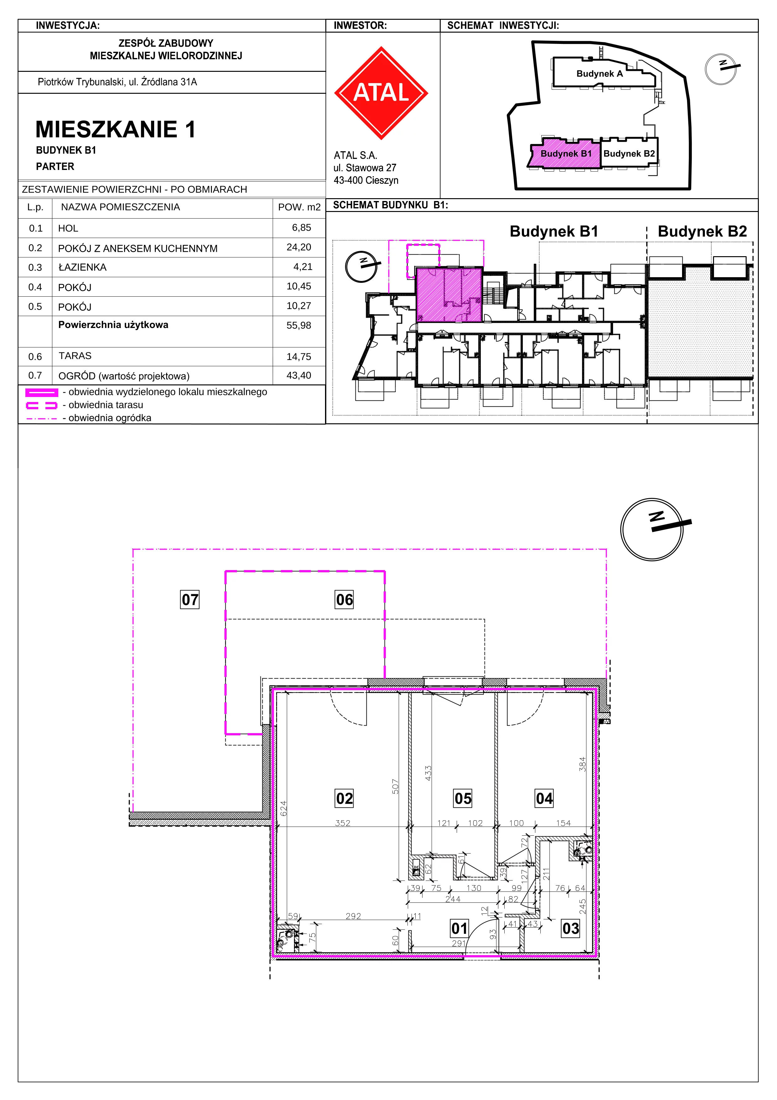 Mieszkanie 55,98 m², parter, oferta nr B1-M-0-01, Źródlana 31 Residence, Piotrków Trybunalski, Źródlana, ul. Źródlana 31