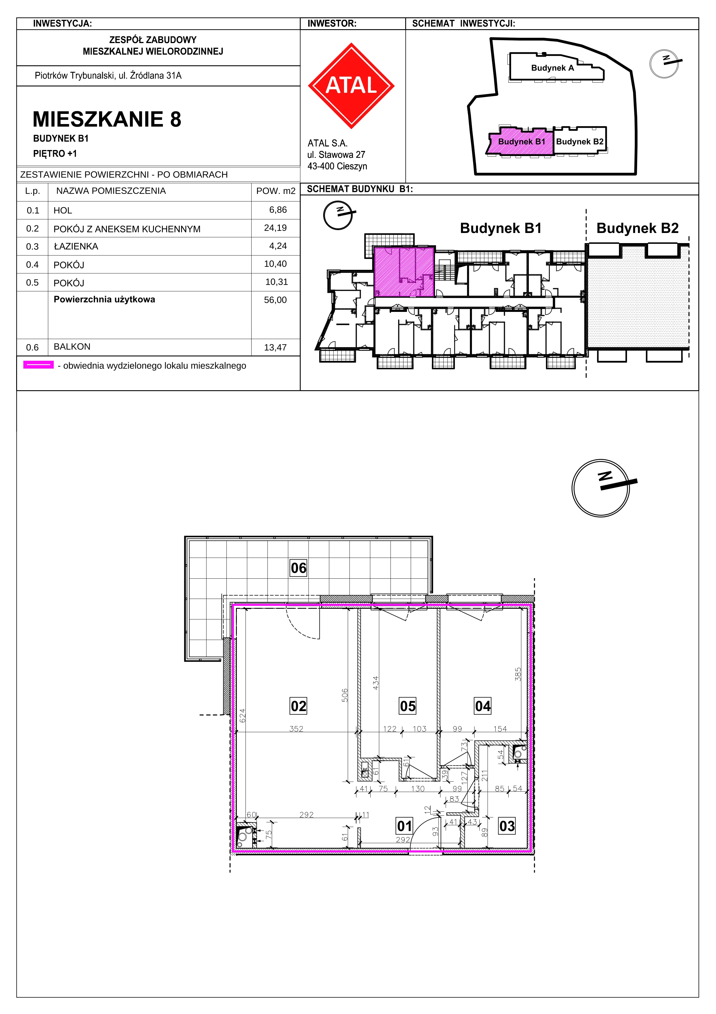 Mieszkanie 56,00 m², piętro 1, oferta nr B1-M-1-01, Źródlana 31 Residence, Piotrków Trybunalski, Źródlana, ul. Źródlana 31