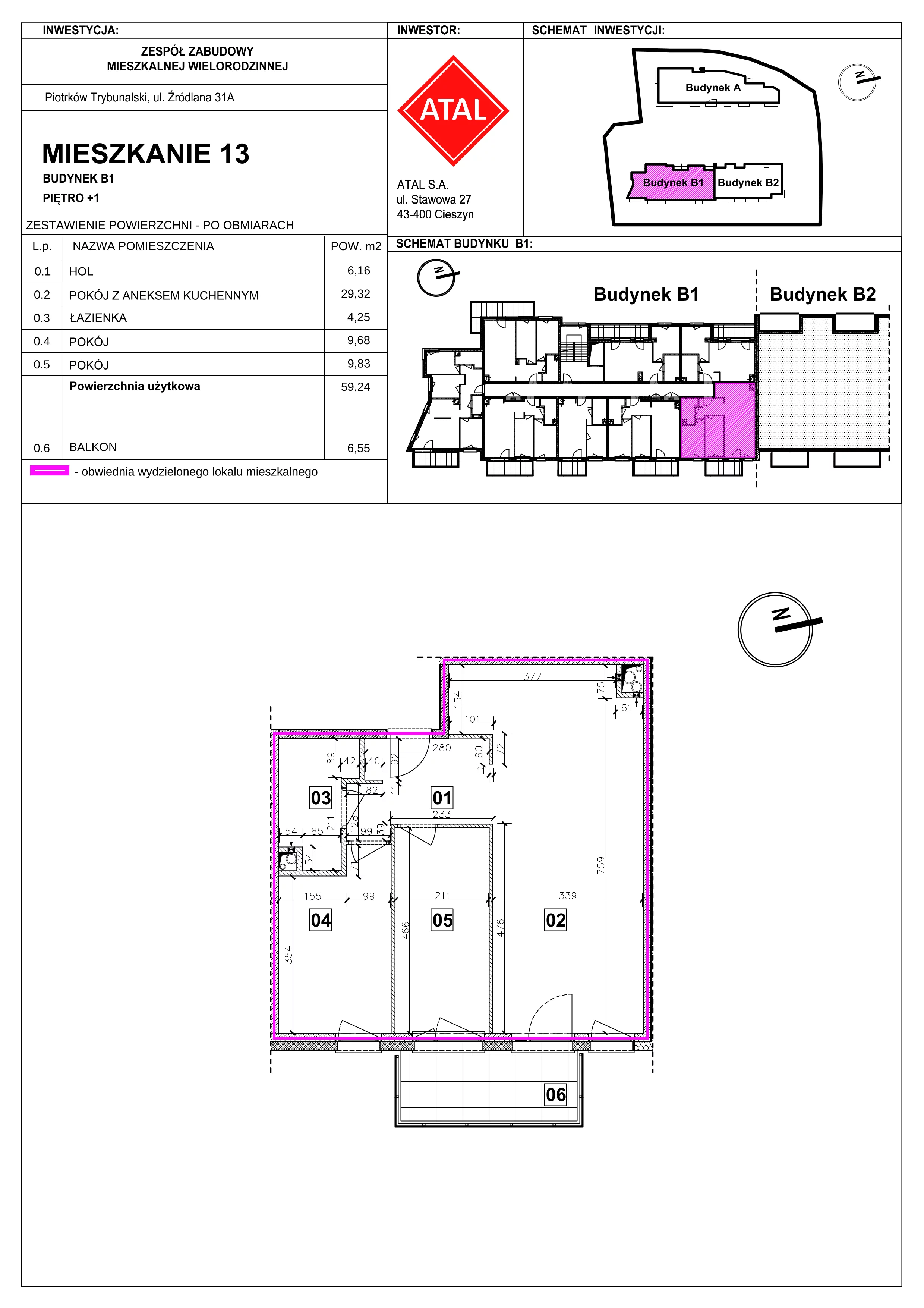 Mieszkanie 59,24 m², piętro 1, oferta nr B1-M-1-06, Źródlana 31 Residence, Piotrków Trybunalski, Źródlana, ul. Źródlana 31