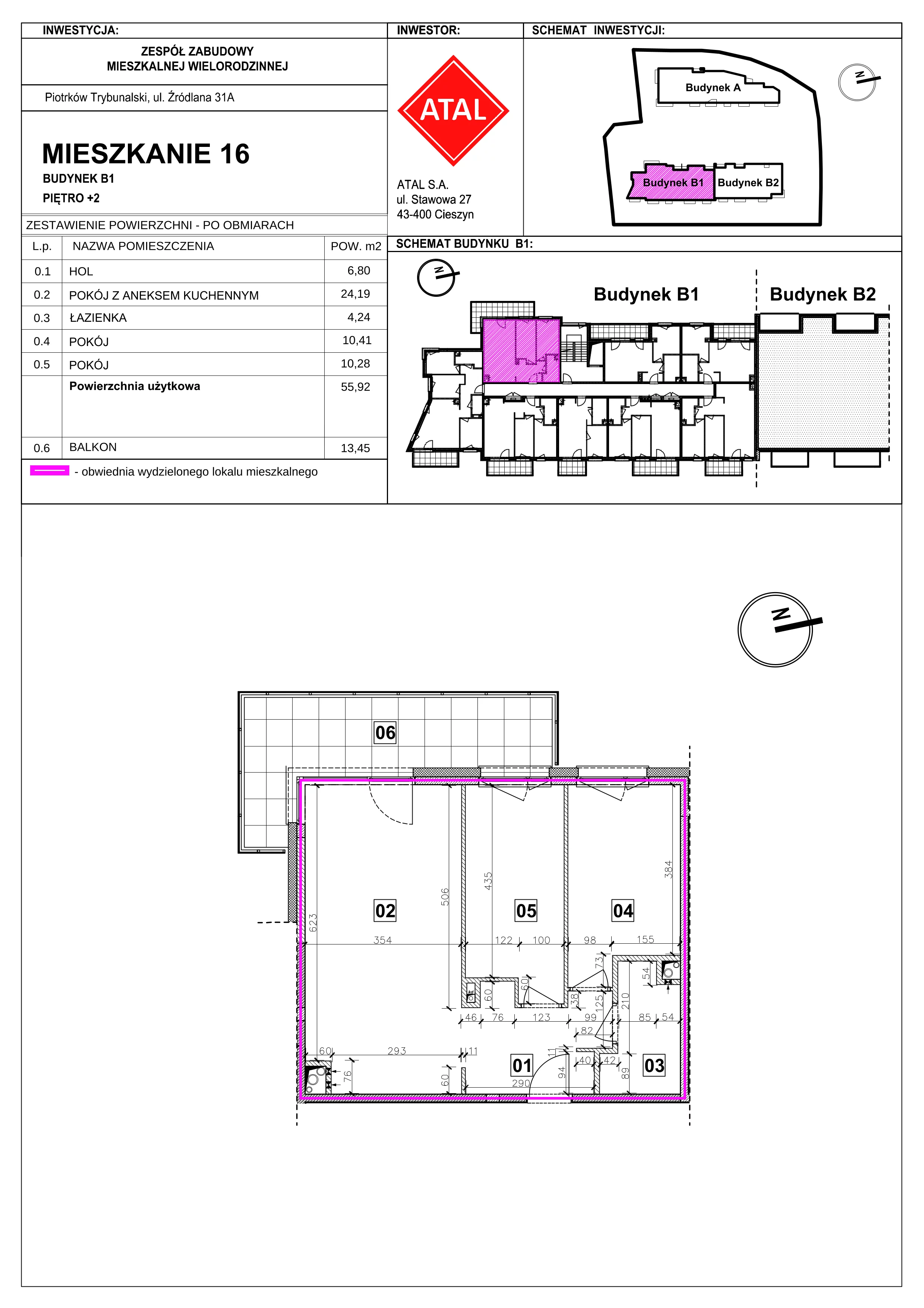 Mieszkanie 55,92 m², piętro 2, oferta nr B1-M-2-01, Źródlana 31 Residence, Piotrków Trybunalski, Źródlana, ul. Źródlana 31