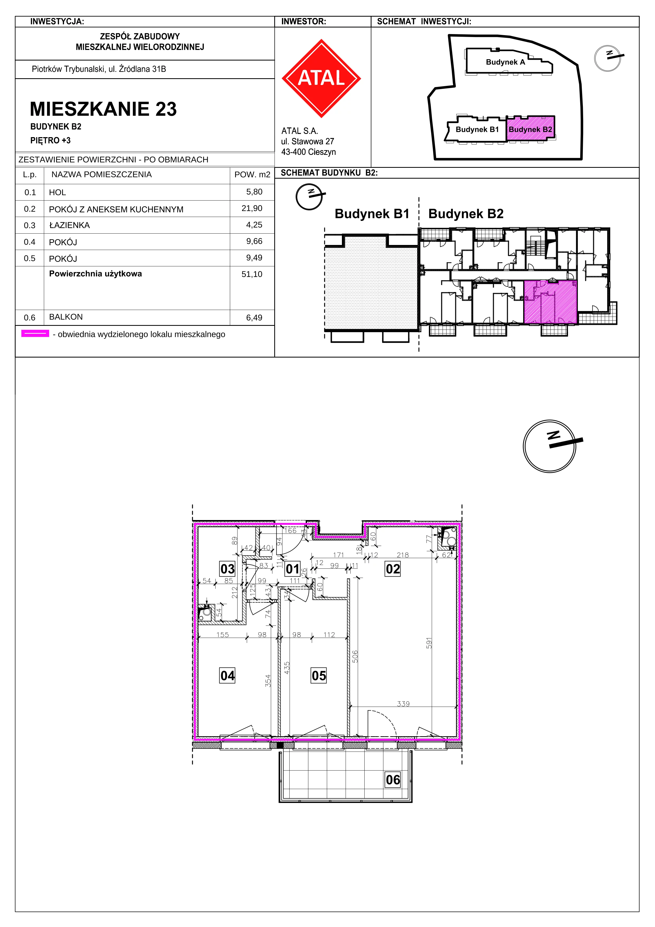 Mieszkanie 51,10 m², piętro 3, oferta nr B2-M-3-05, Źródlana 31 Residence, Piotrków Trybunalski, Źródlana, ul. Źródlana 31