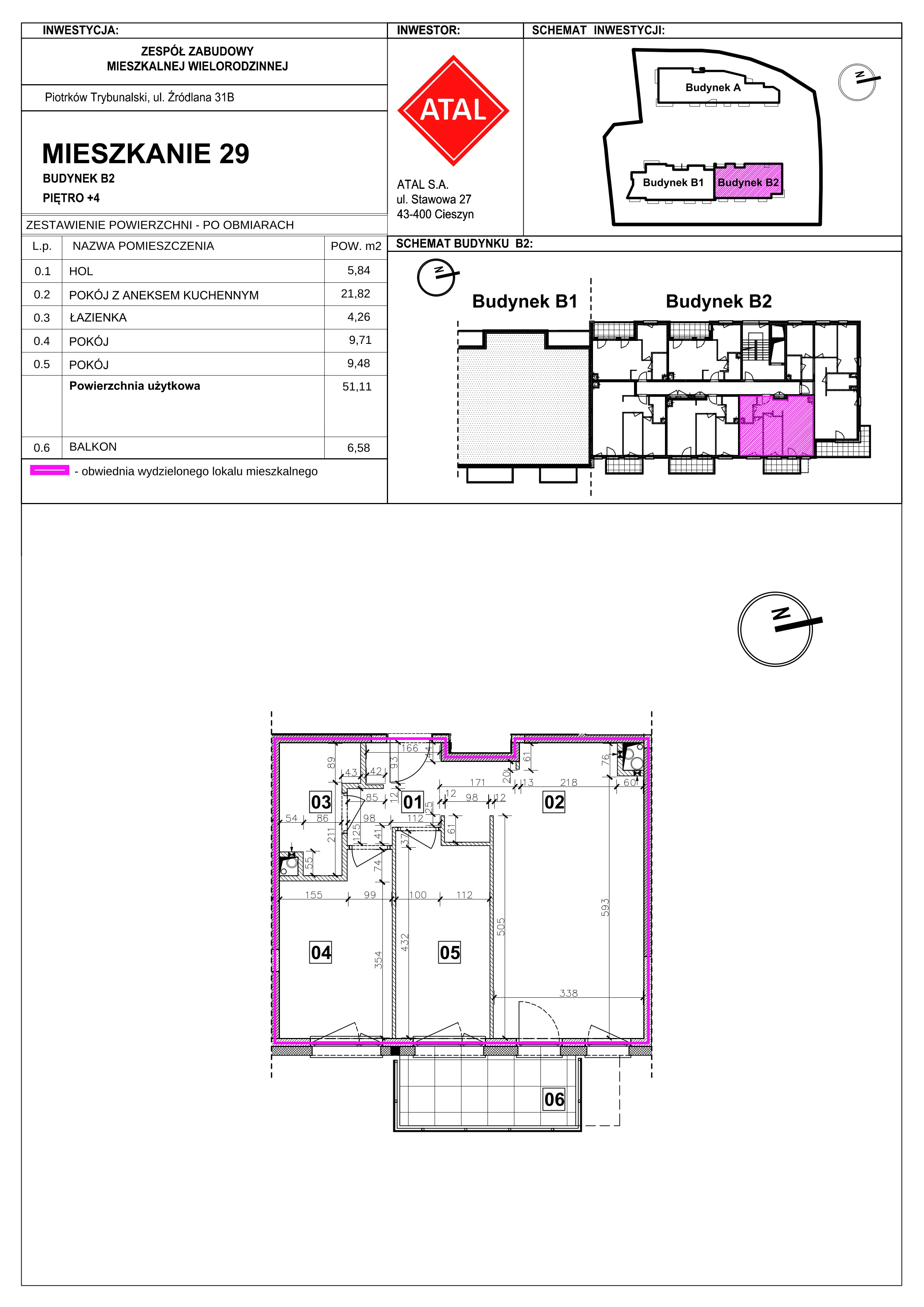 Mieszkanie 51,11 m², piętro 4, oferta nr B2-M-4-05, Źródlana 31 Residence, Piotrków Trybunalski, Źródlana, ul. Źródlana 31