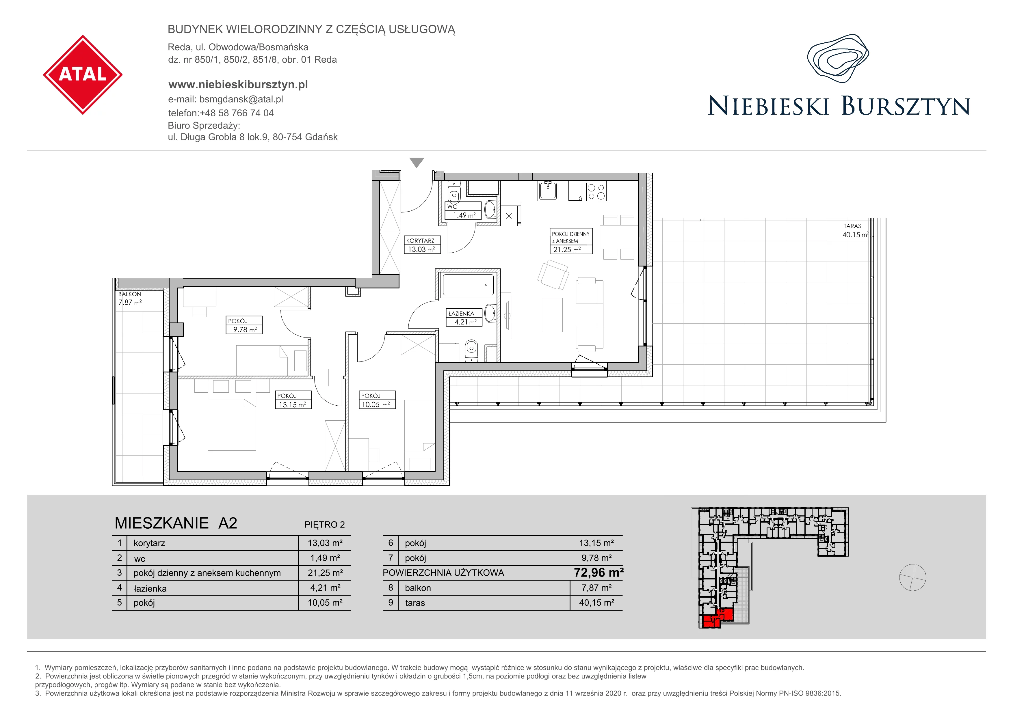 Mieszkanie 72,96 m², piętro 2, oferta nr A2, Niebieski Bursztyn, Reda, ul. Bosmańska