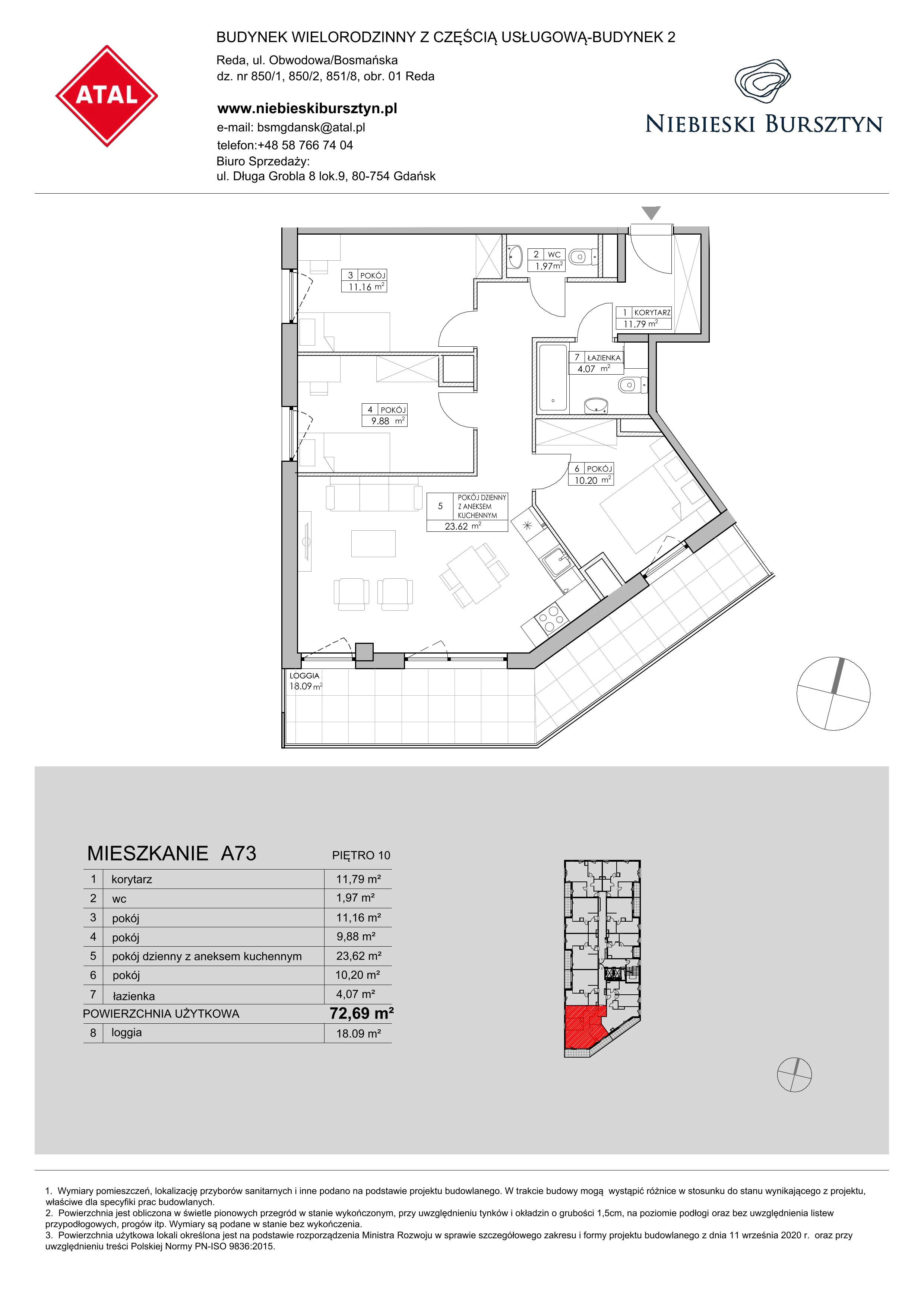 4 pokoje, mieszkanie 72,69 m², piętro 10, oferta nr 2.A73, Niebieski Bursztyn II, Reda, ul. Bosmańska