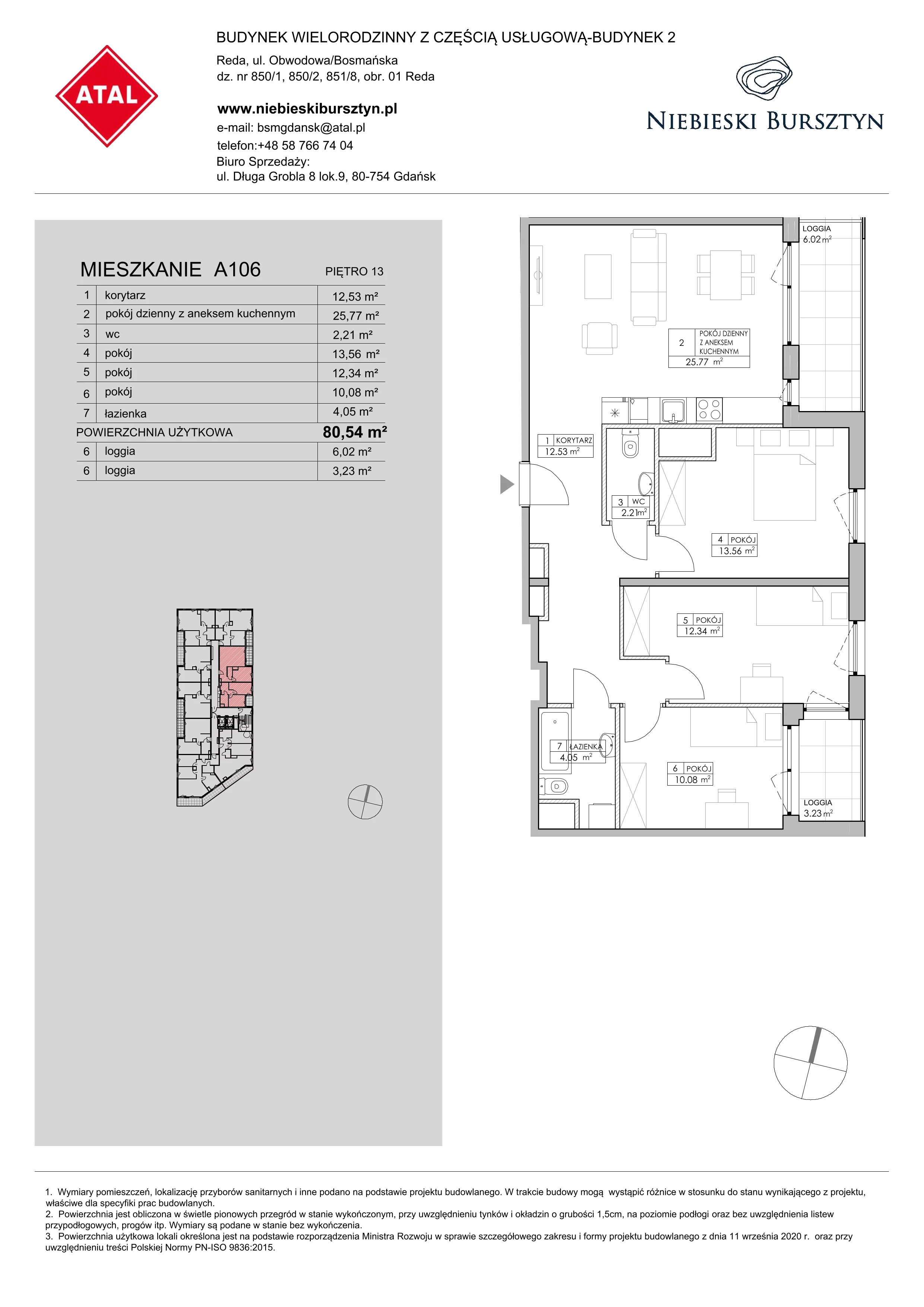 4 pokoje, mieszkanie 80,54 m², piętro 13, oferta nr 2.A106, Niebieski Bursztyn II, Reda, ul. Bosmańska