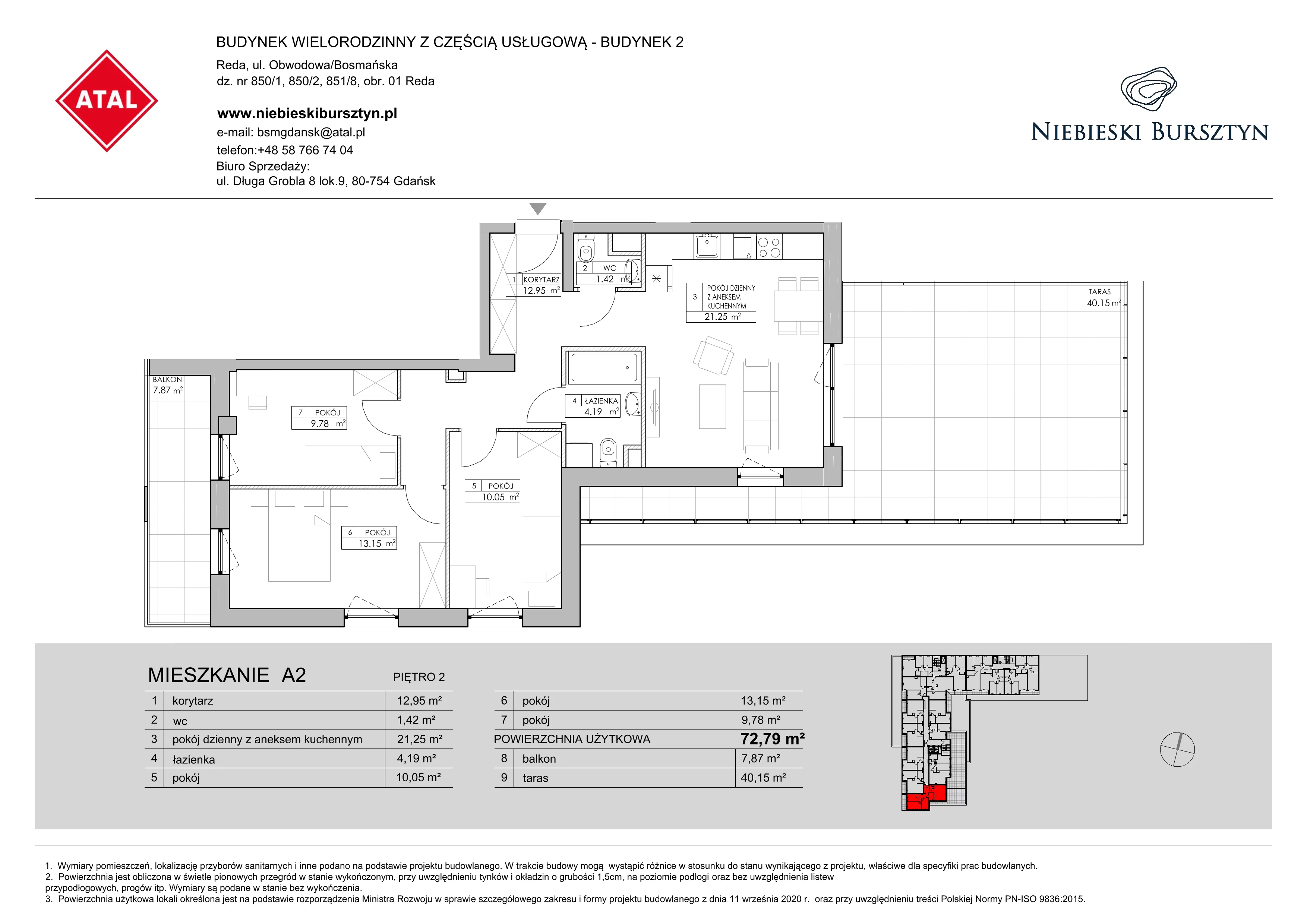 4 pokoje, mieszkanie 72,79 m², piętro 2, oferta nr 2.A2, Niebieski Bursztyn II, Reda, ul. Bosmańska