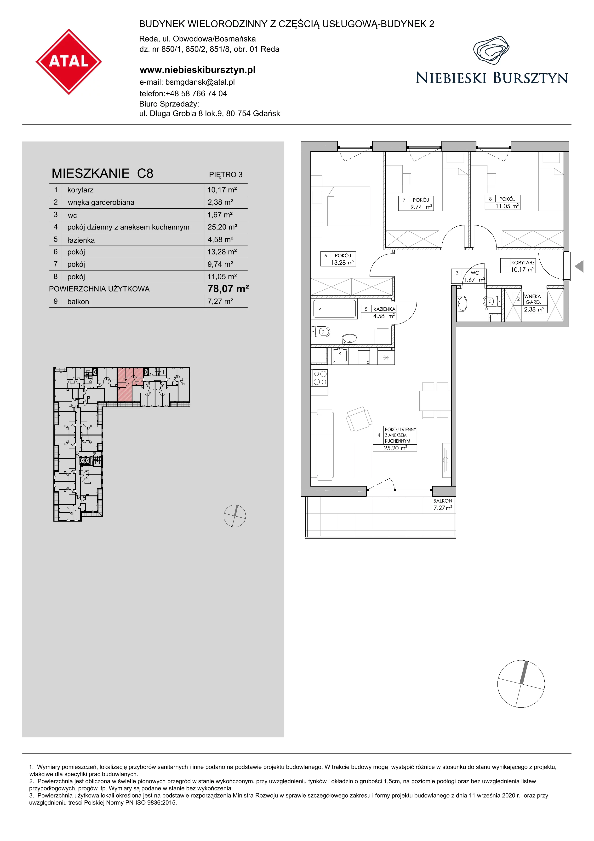 4 pokoje, mieszkanie 78,07 m², piętro 3, oferta nr 2.C8, Niebieski Bursztyn II, Reda, ul. Bosmańska