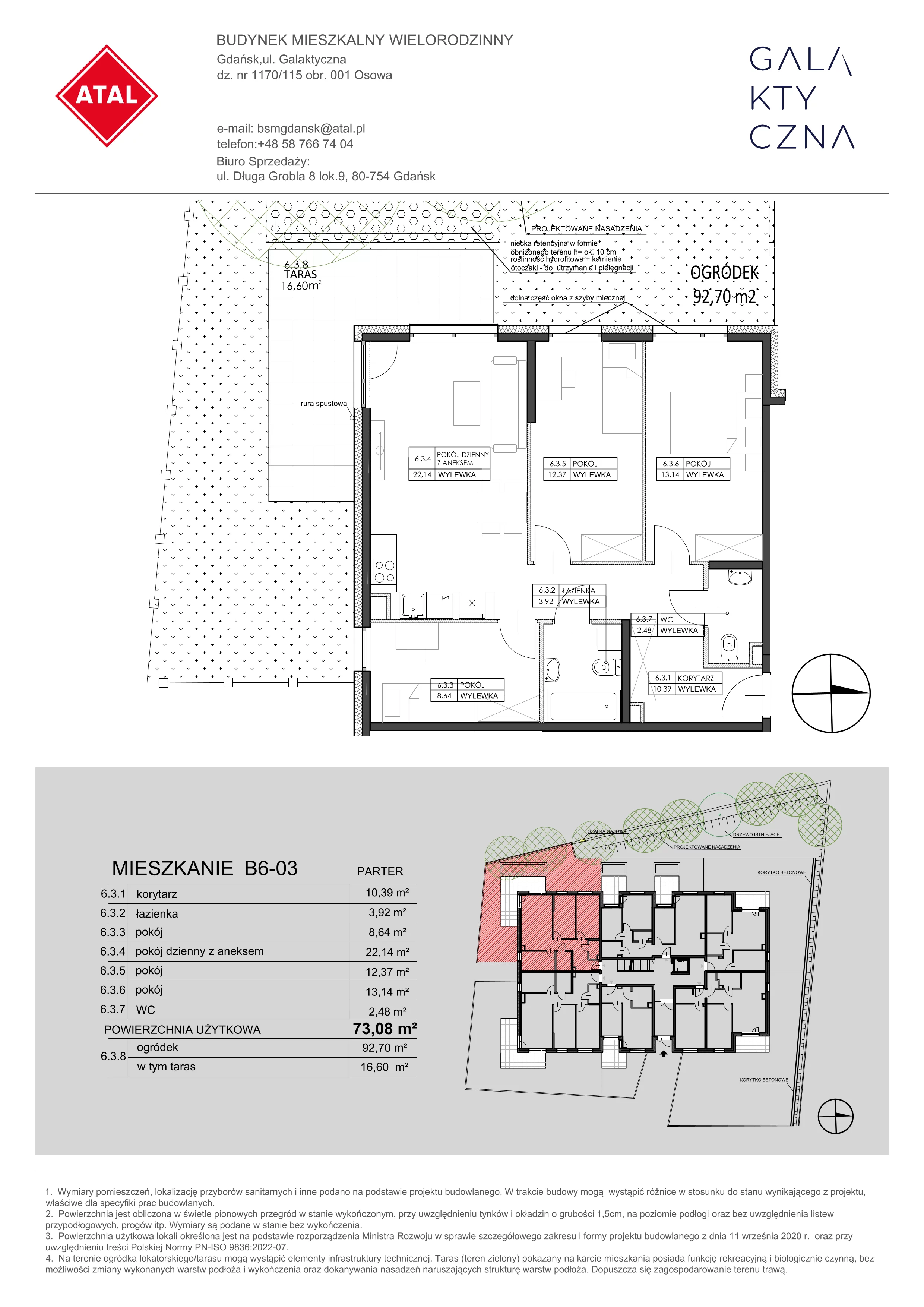 4 pokoje, mieszkanie 73,08 m², parter, oferta nr B6-03, Galaktyczna, Gdańsk, Osowa, ul. Galaktyczna