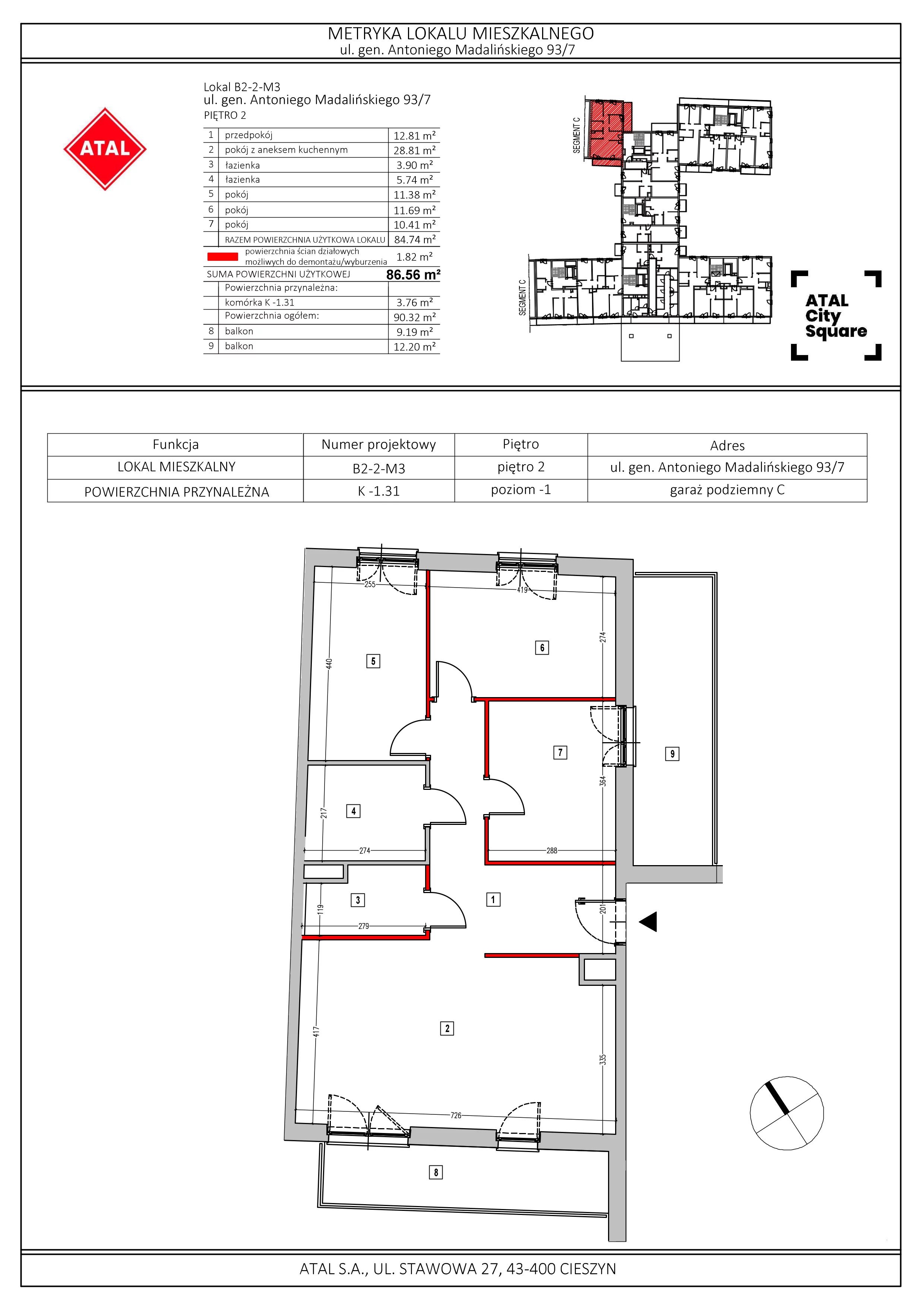 Mieszkanie 86,56 m², piętro 2, oferta nr B2-2-M3, ATAL City Square, Wrocław, Przedmieście Oławskie, Krzyki, ul. gen. Kazimierza Pułaskiego