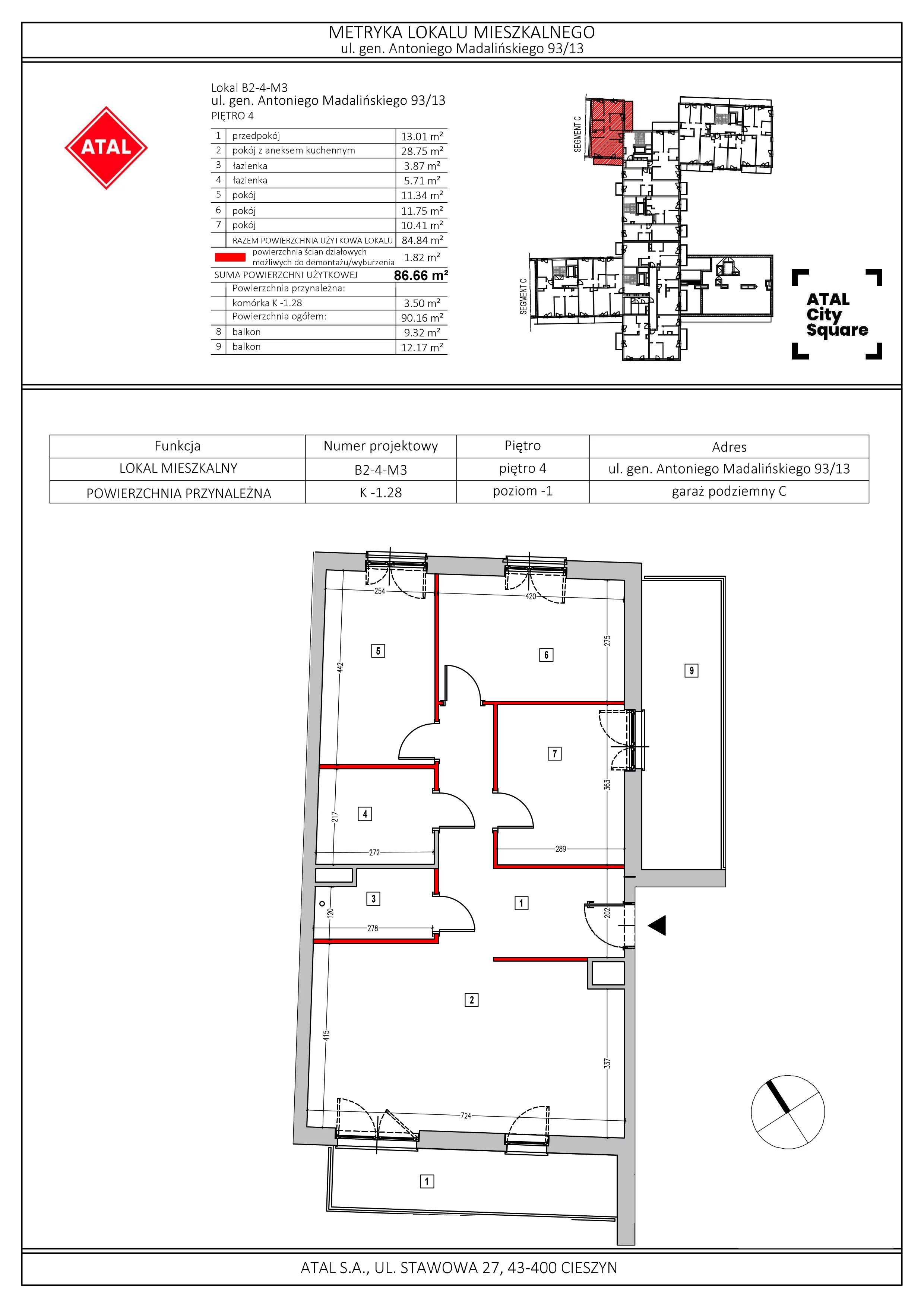 Mieszkanie 86,66 m², piętro 4, oferta nr B2-4-M3, ATAL City Square, Wrocław, Przedmieście Oławskie, Krzyki, ul. gen. Kazimierza Pułaskiego