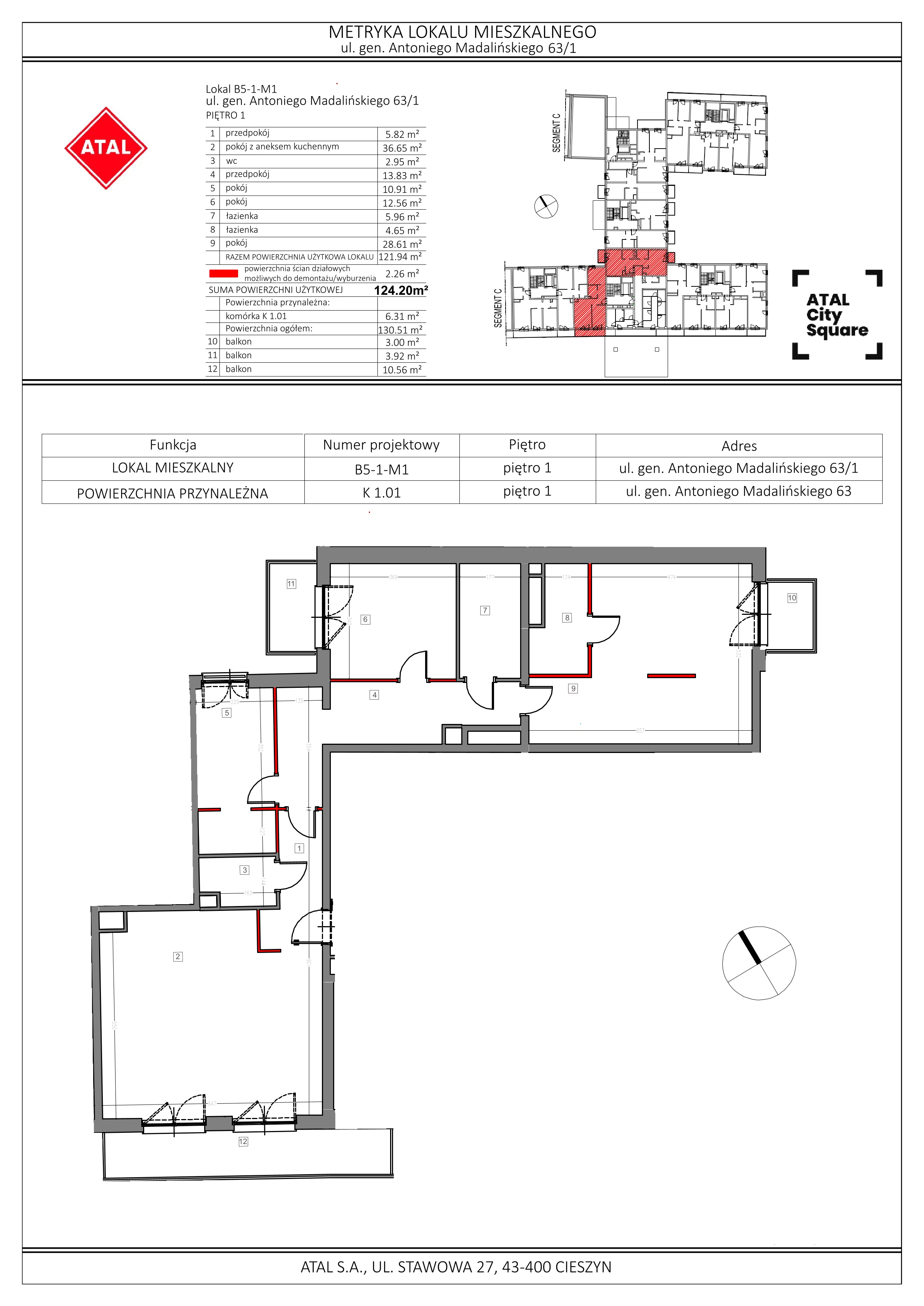 Mieszkanie 124,20 m², piętro 1, oferta nr B5-1-M1, ATAL City Square, Wrocław, Przedmieście Oławskie, Krzyki, ul. gen. Kazimierza Pułaskiego