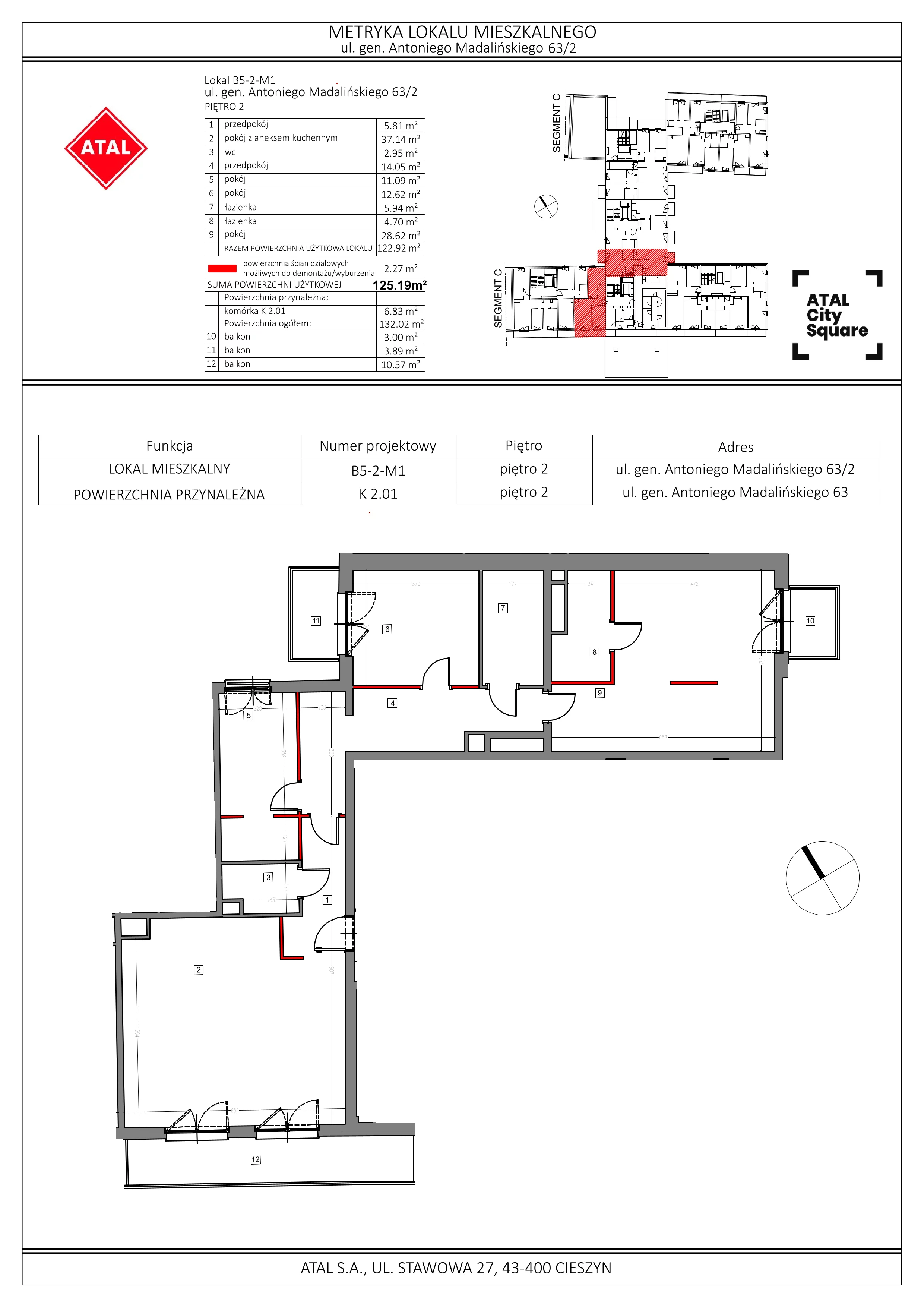 Mieszkanie 125,19 m², piętro 2, oferta nr B5-2-M1, ATAL City Square, Wrocław, Przedmieście Oławskie, Krzyki, ul. gen. Kazimierza Pułaskiego