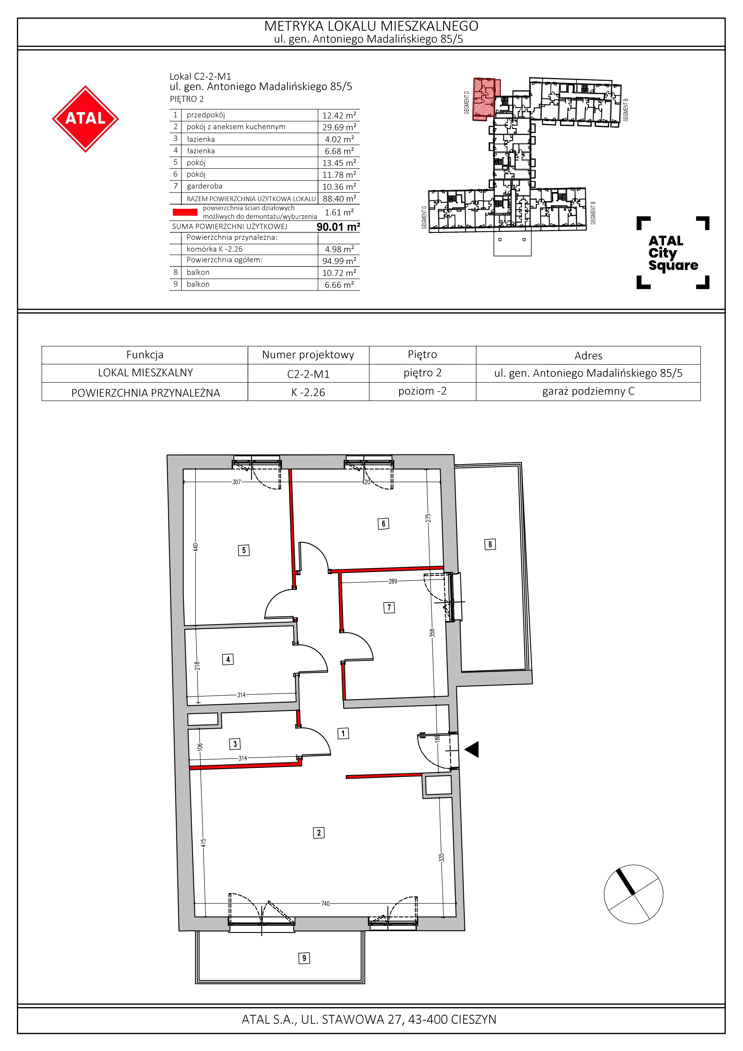 Mieszkanie 90,01 m², piętro 2, oferta nr C2-2-M1, ATAL City Square, Wrocław, Przedmieście Oławskie, Krzyki, ul. gen. Kazimierza Pułaskiego