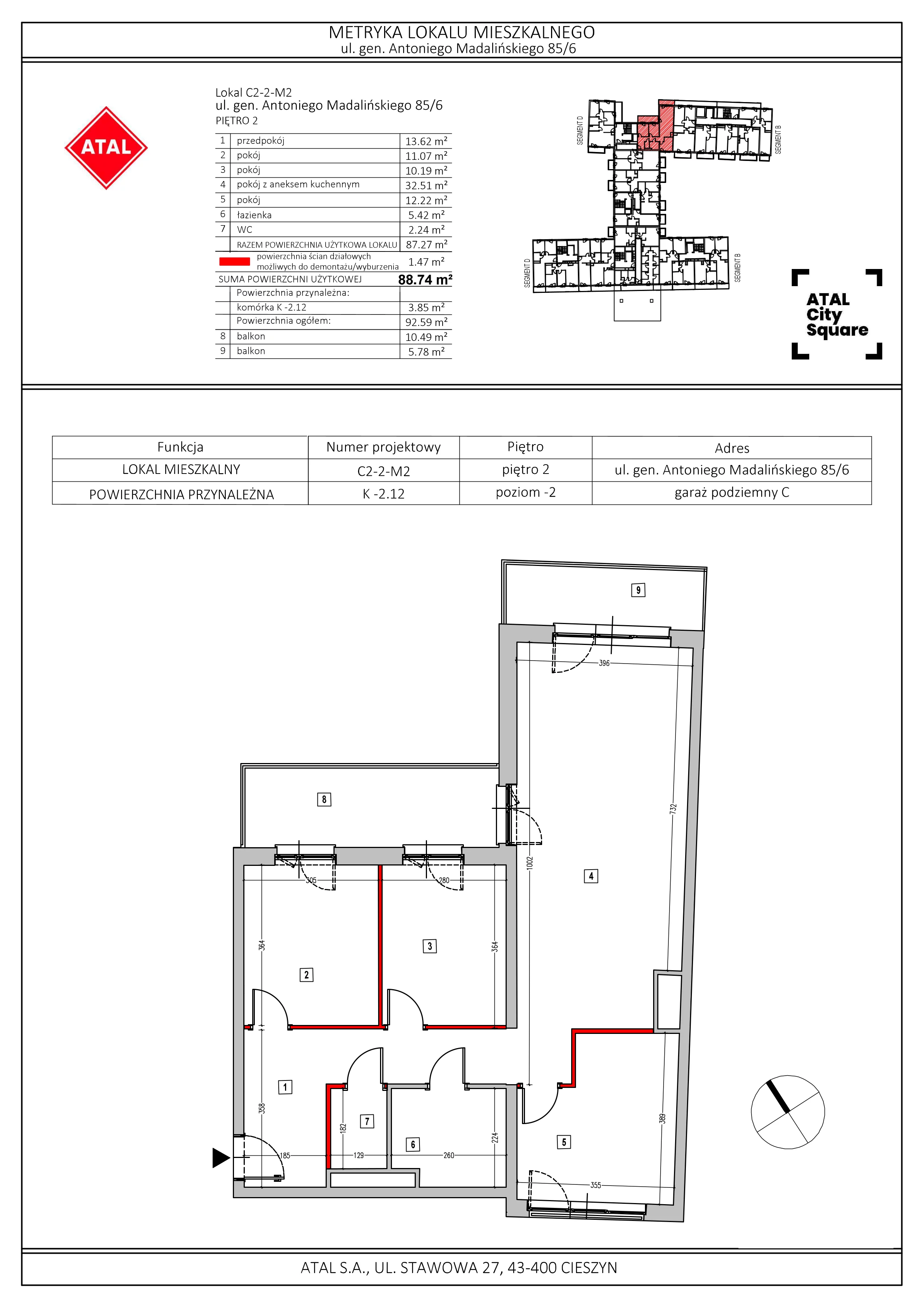 Mieszkanie 88,74 m², piętro 2, oferta nr C2-2-M2, ATAL City Square, Wrocław, Przedmieście Oławskie, Krzyki, ul. gen. Kazimierza Pułaskiego