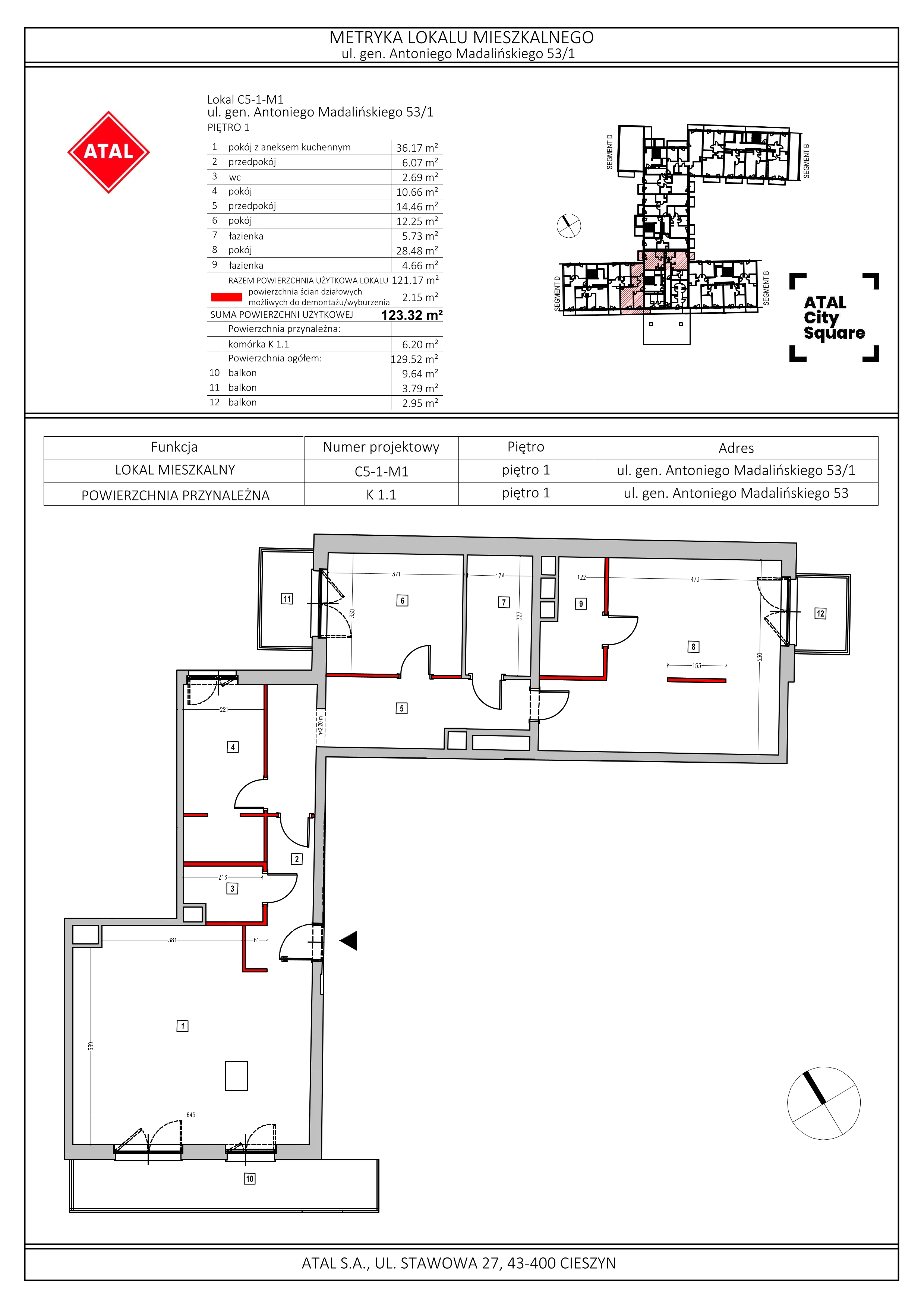 Mieszkanie 123,32 m², piętro 1, oferta nr C5-1-M1, ATAL City Square, Wrocław, Przedmieście Oławskie, Krzyki, ul. gen. Kazimierza Pułaskiego