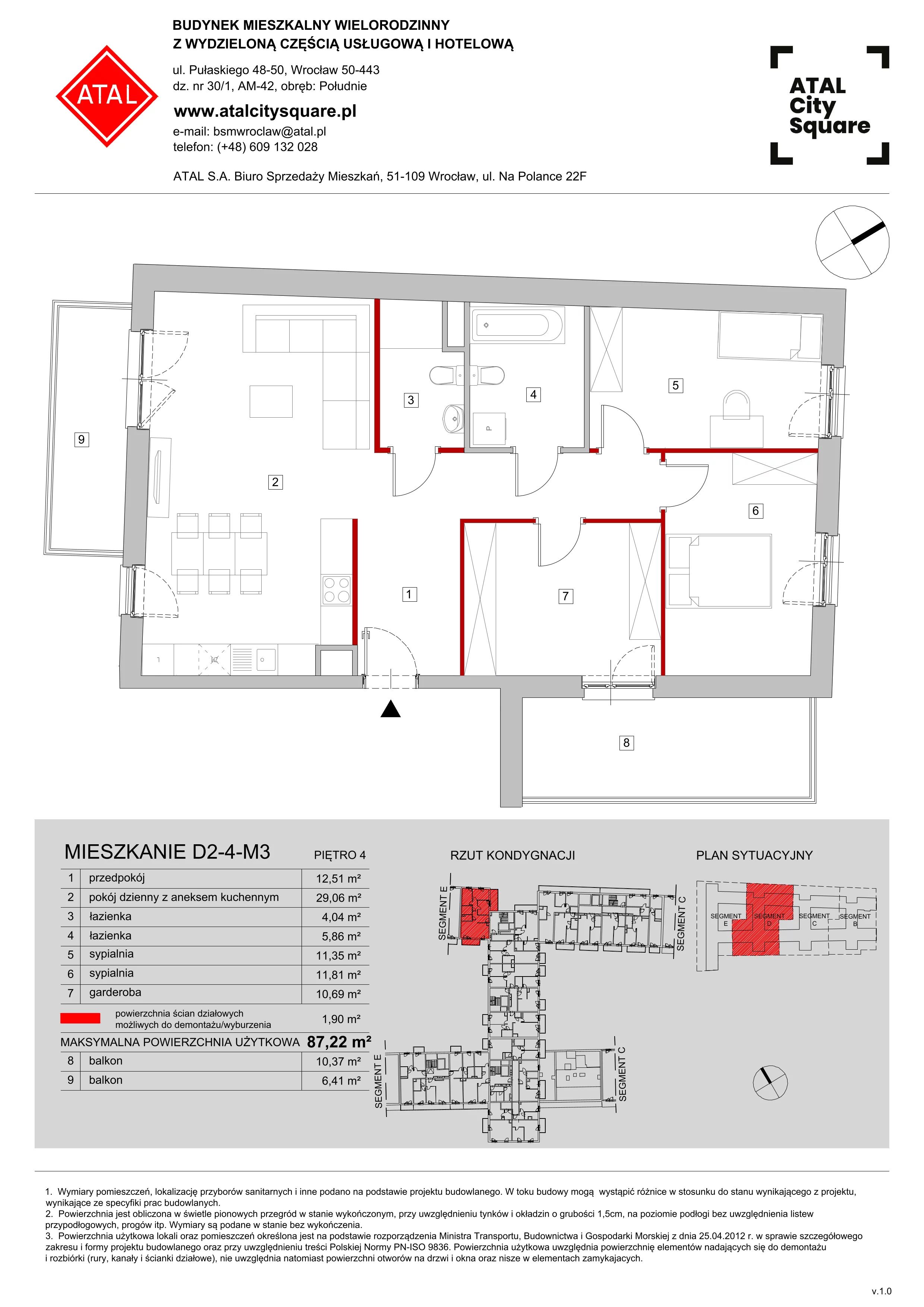 Mieszkanie 87,22 m², piętro 4, oferta nr D2-4-M3, ATAL City Square, Wrocław, Przedmieście Oławskie, Krzyki, ul. gen. Kazimierza Pułaskiego