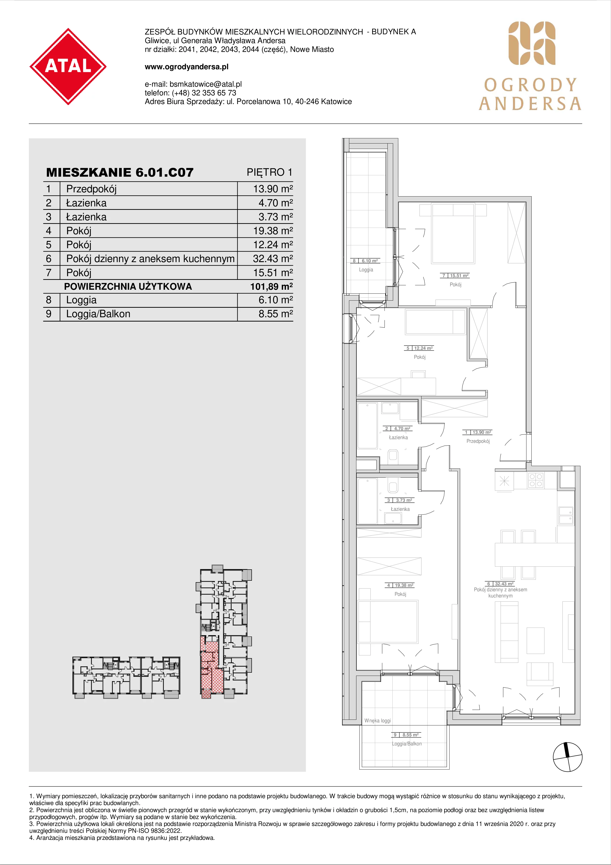 Mieszkanie 101,89 m², piętro 1, oferta nr 6.01.C07, Ogrody Andersa II, Gliwice, Wojska Polskiego, ul. Generała Władysława Andersa-idx