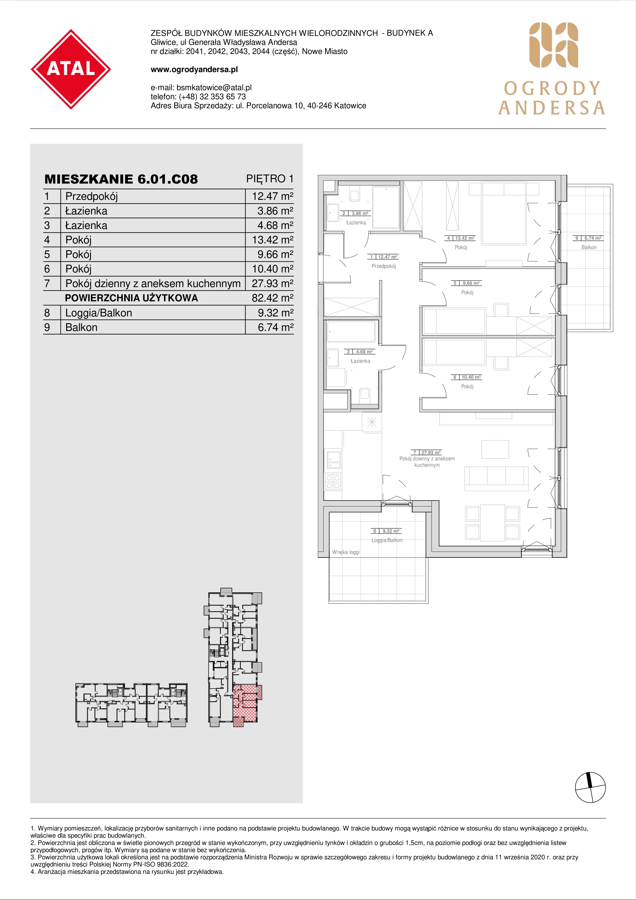 Mieszkanie 82,42 m², piętro 1, oferta nr 6.01.C08, Ogrody Andersa II, Gliwice, Wojska Polskiego, ul. Generała Władysława Andersa