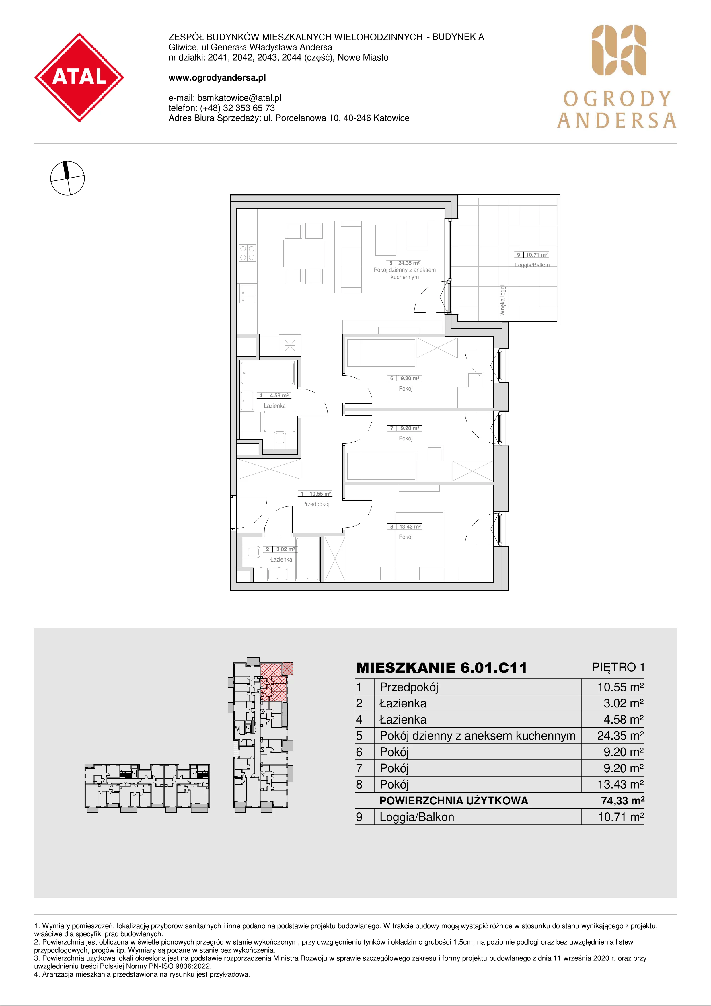 Mieszkanie 74,33 m², piętro 1, oferta nr 6.01.C11, Ogrody Andersa II, Gliwice, Wojska Polskiego, ul. Generała Władysława Andersa