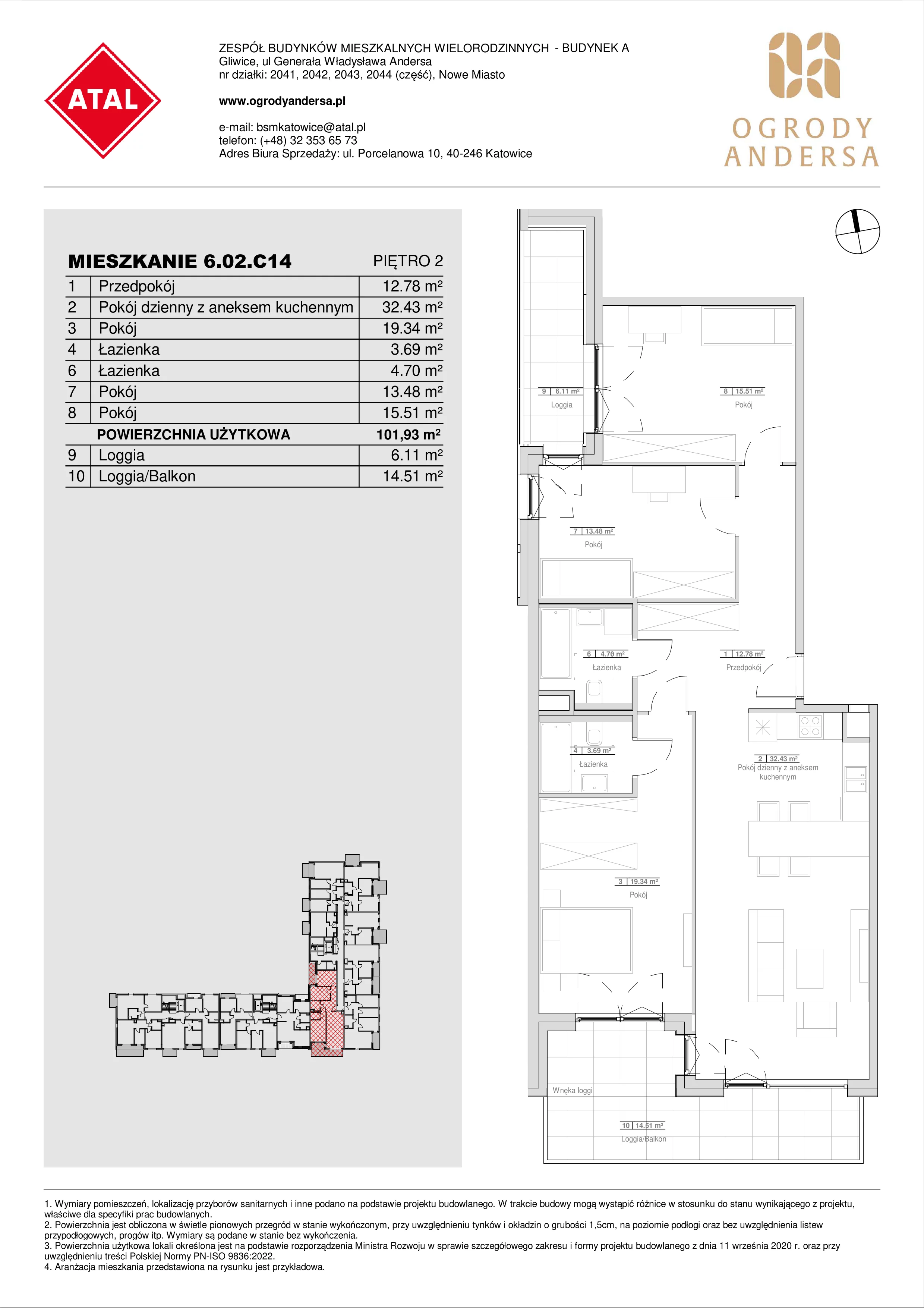 Mieszkanie 101,93 m², piętro 2, oferta nr 6.02.C14, Ogrody Andersa II, Gliwice, Wojska Polskiego, ul. Generała Władysława Andersa