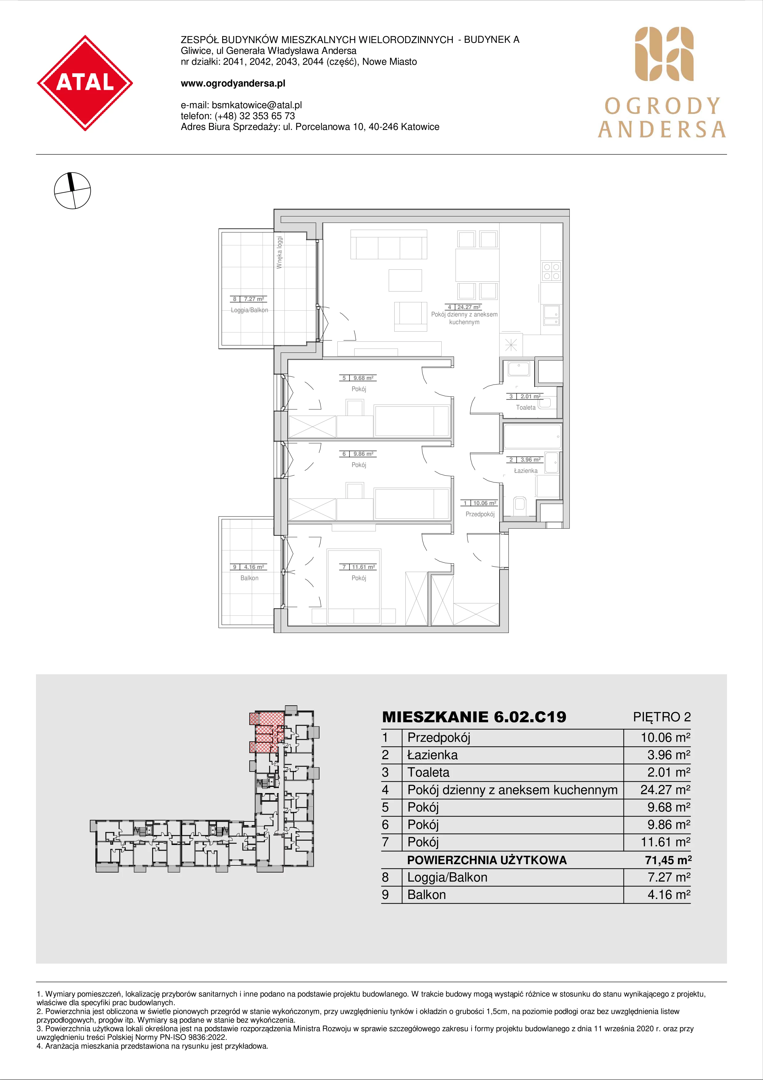 Mieszkanie 71,45 m², piętro 2, oferta nr 6.02.C19, Ogrody Andersa II, Gliwice, Wojska Polskiego, ul. Generała Władysława Andersa