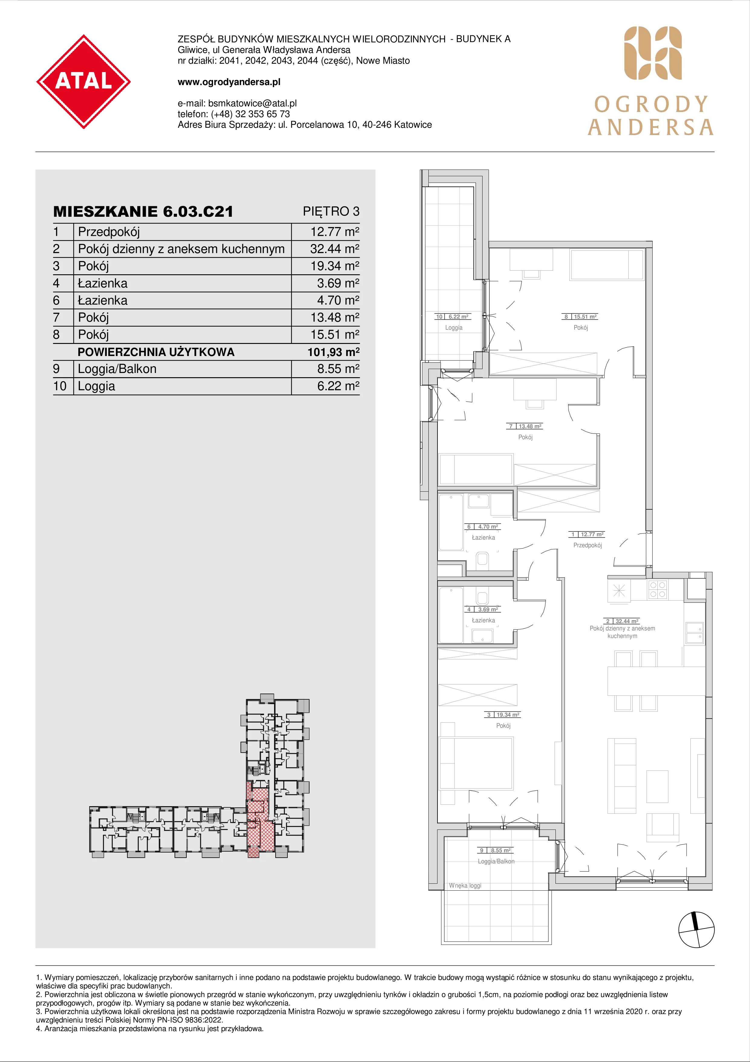 Mieszkanie 101,93 m², piętro 3, oferta nr 6.03.C21, Ogrody Andersa II, Gliwice, Wojska Polskiego, ul. Generała Władysława Andersa