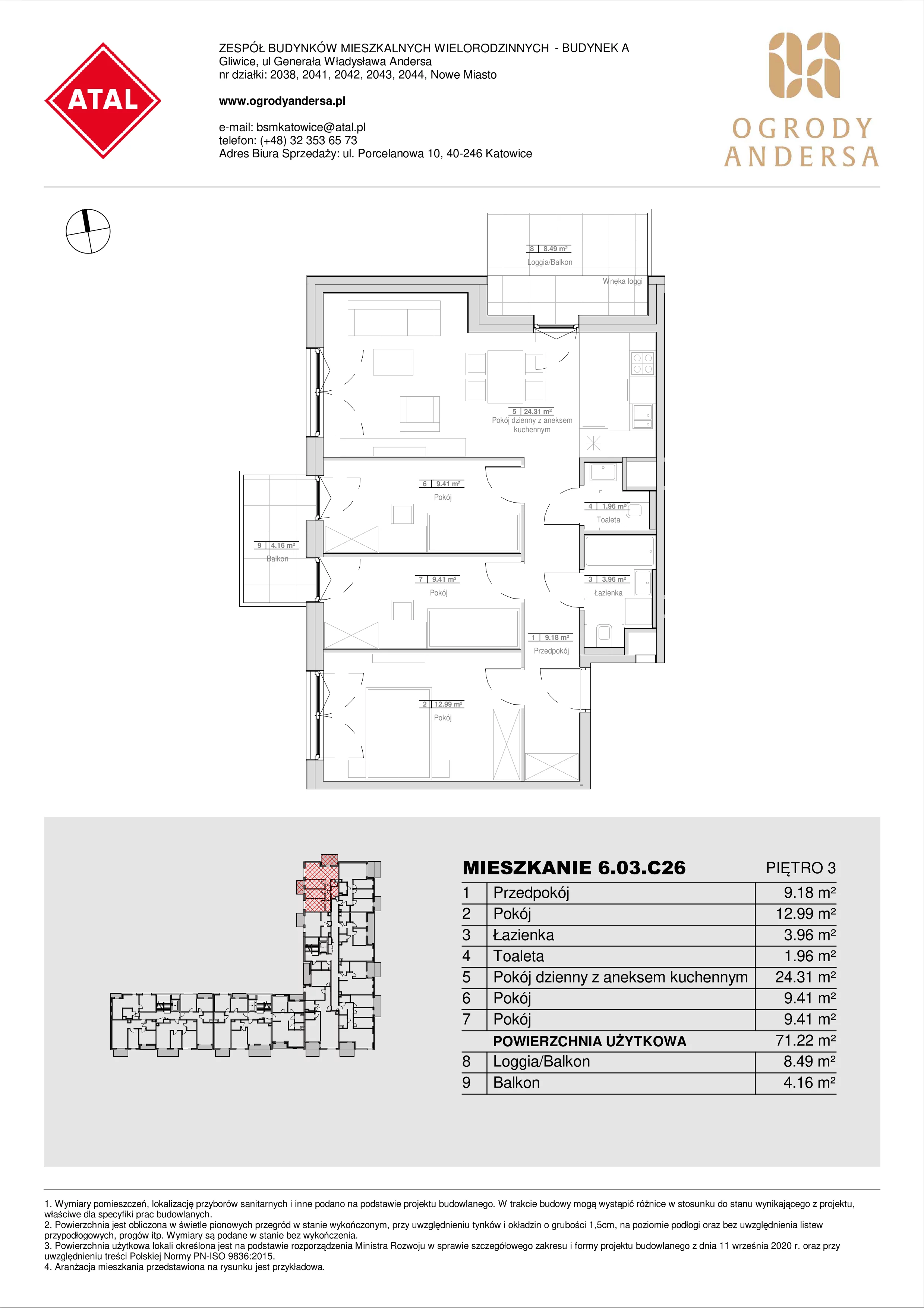 Mieszkanie 71,22 m², piętro 3, oferta nr 6.03.C26, Ogrody Andersa II, Gliwice, Wojska Polskiego, ul. Generała Władysława Andersa