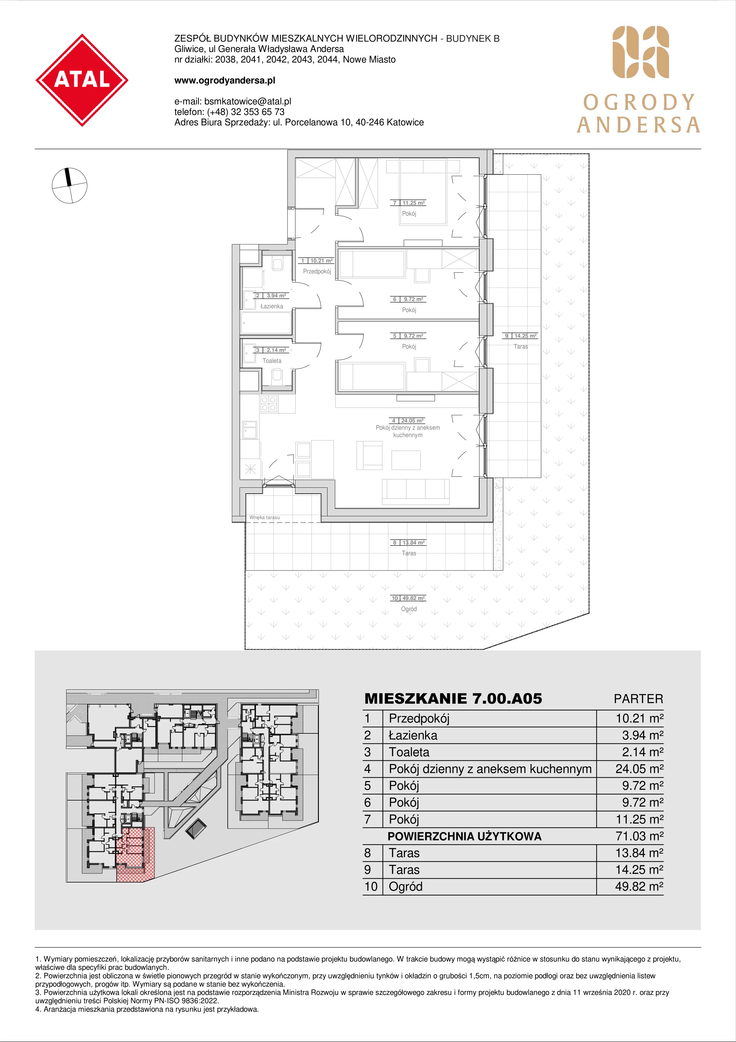 Mieszkanie 71,03 m², parter, oferta nr 7.00.A05, Ogrody Andersa II, Gliwice, Wojska Polskiego, ul. Generała Władysława Andersa