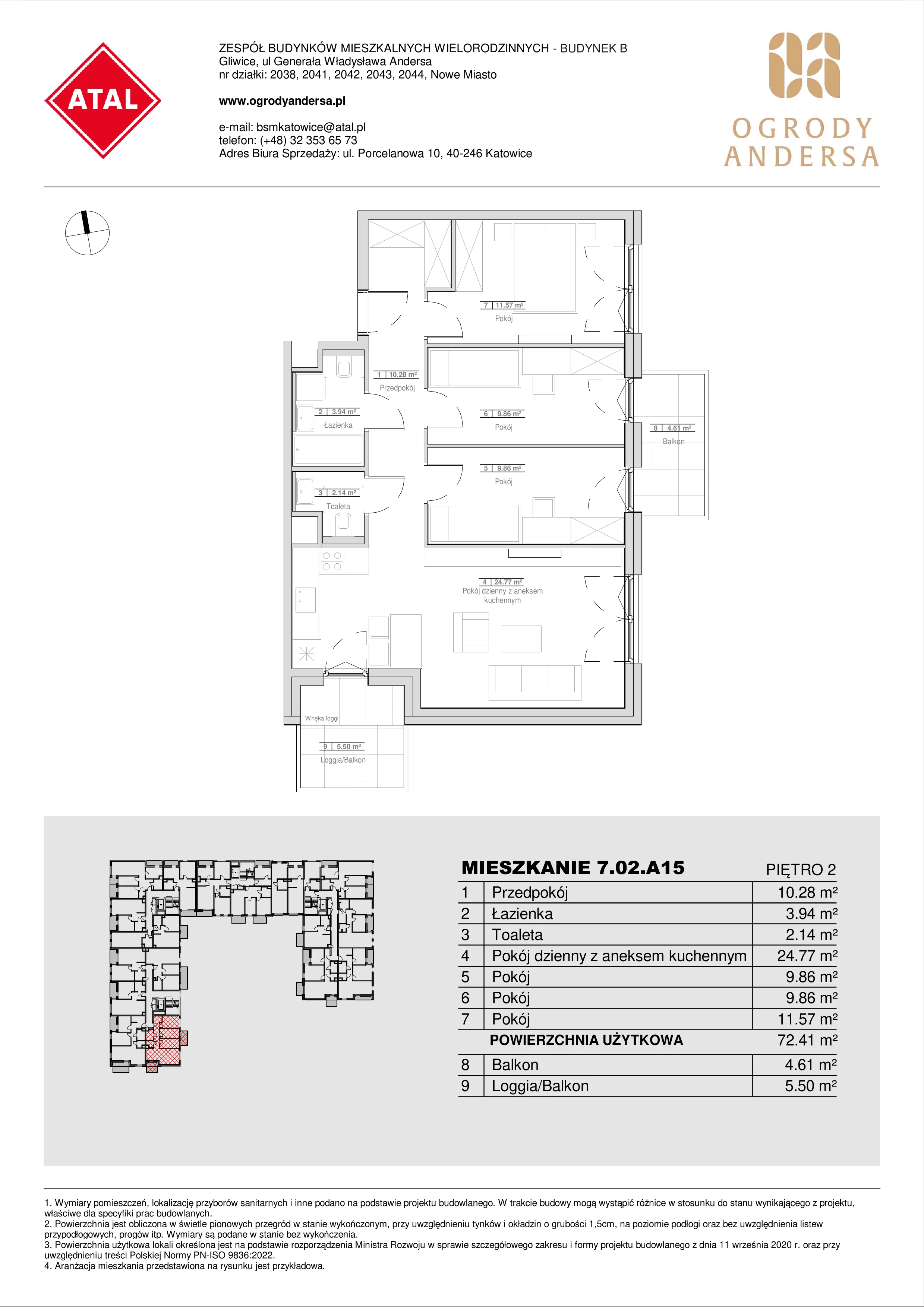 Mieszkanie 72,42 m², piętro 2, oferta nr 7.02.A15, Ogrody Andersa II, Gliwice, Wojska Polskiego, ul. Generała Władysława Andersa