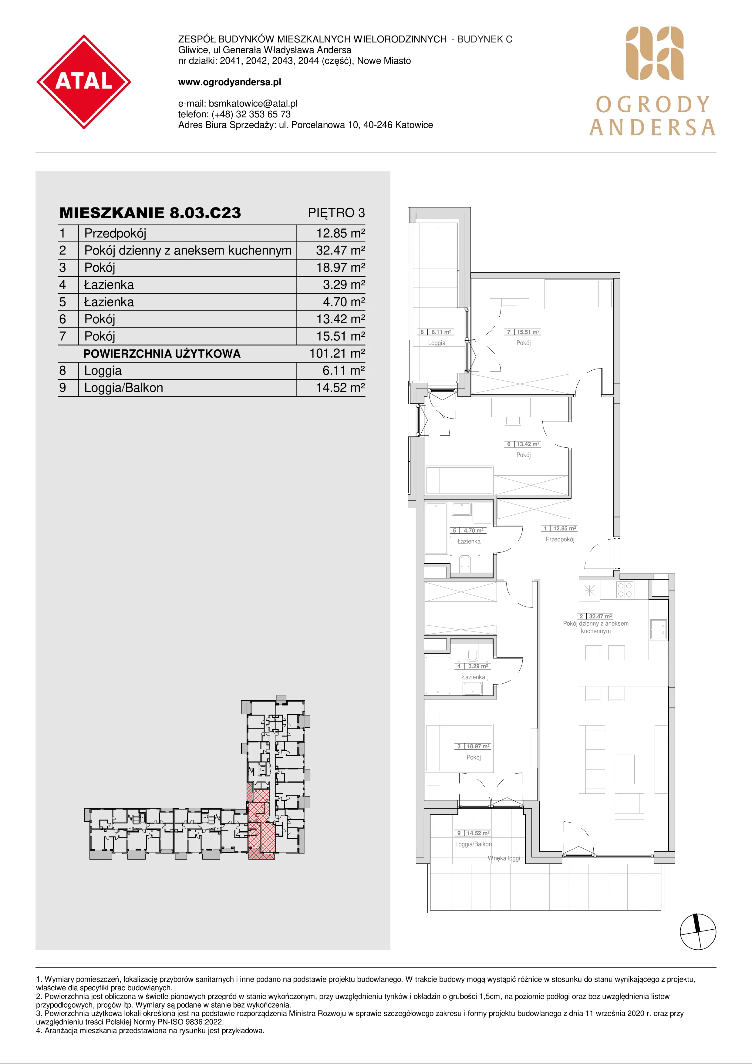 Mieszkanie 101,21 m², piętro 3, oferta nr 8.03.C23, Ogrody Andersa II, Gliwice, Wojska Polskiego, ul. Generała Władysława Andersa