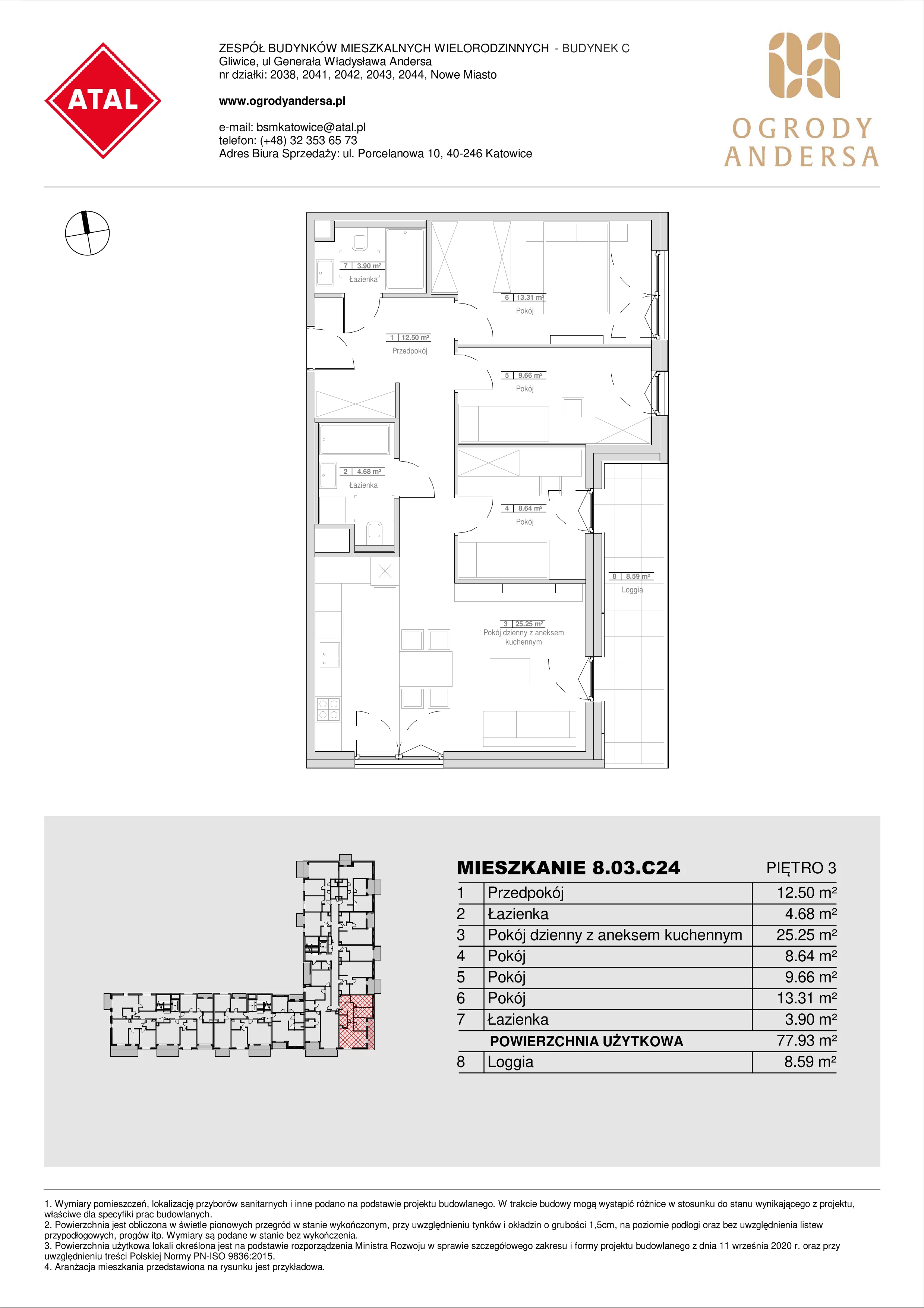 Mieszkanie 77,94 m², piętro 3, oferta nr 8.03.C24, Ogrody Andersa II, Gliwice, Wojska Polskiego, ul. Generała Władysława Andersa