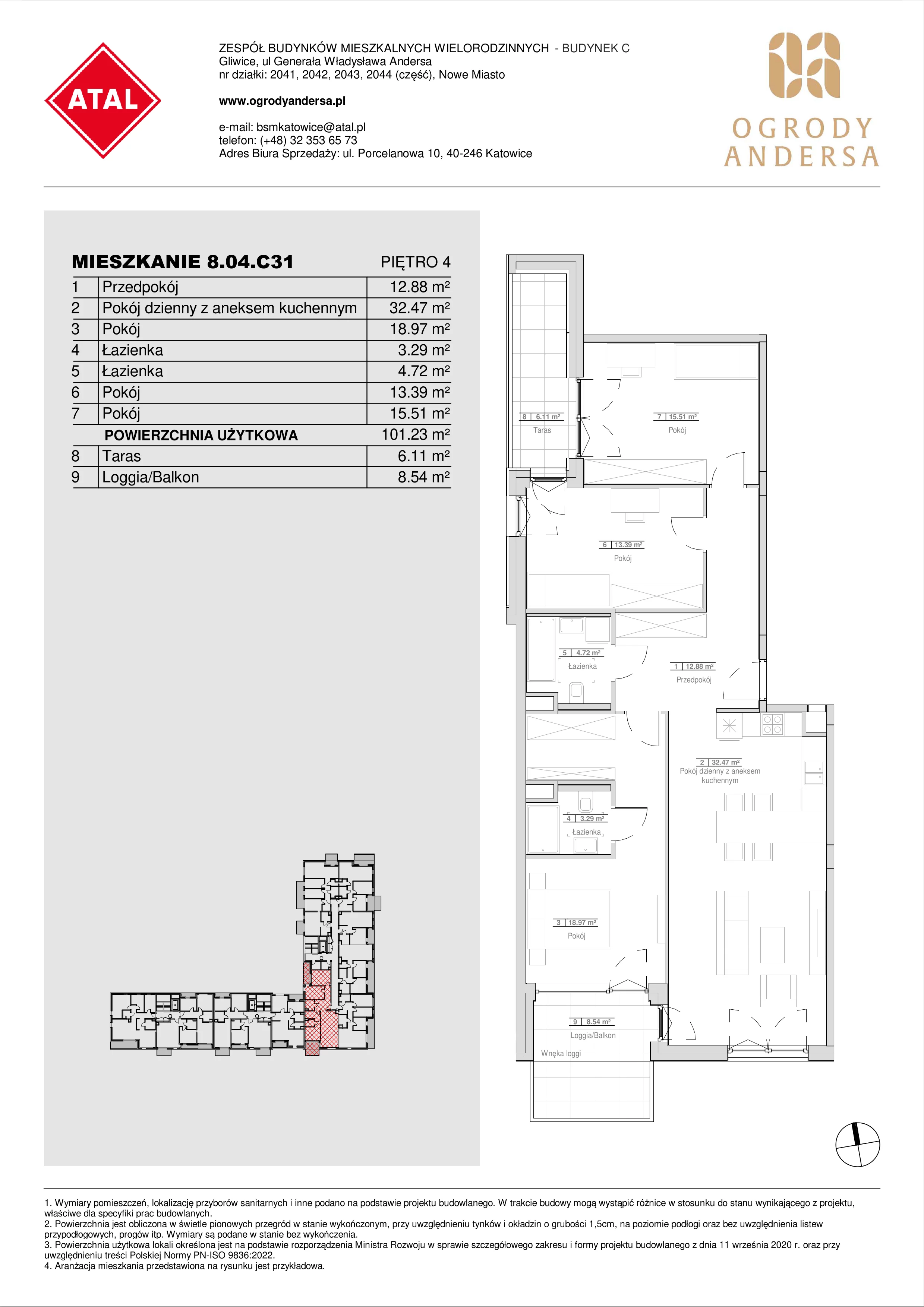 Mieszkanie 101,23 m², piętro 4, oferta nr 8.04.C31, Ogrody Andersa II, Gliwice, Wojska Polskiego, ul. Generała Władysława Andersa