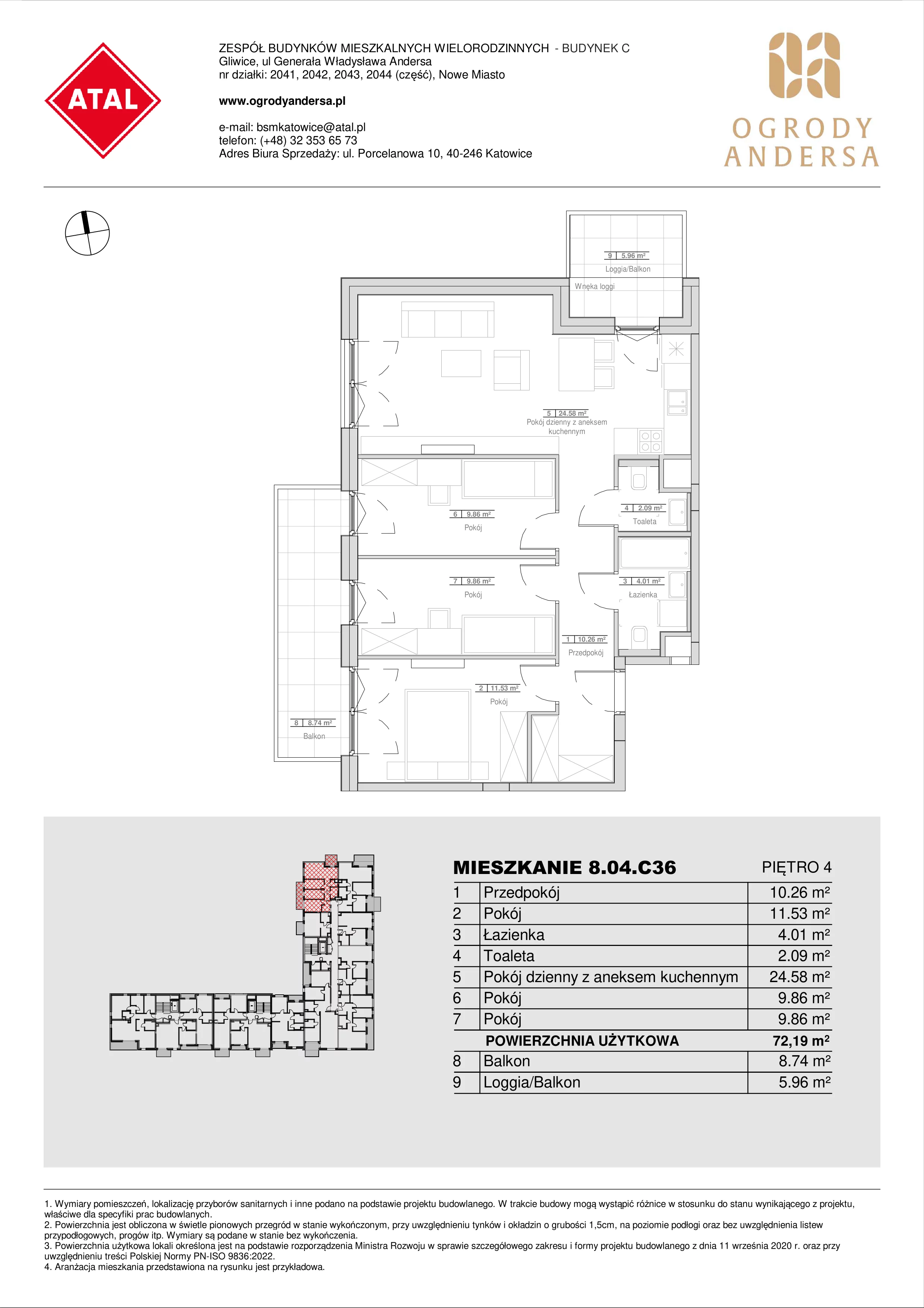 Mieszkanie 72,28 m², piętro 4, oferta nr 8.04.C36, Ogrody Andersa II, Gliwice, Wojska Polskiego, ul. Generała Władysława Andersa