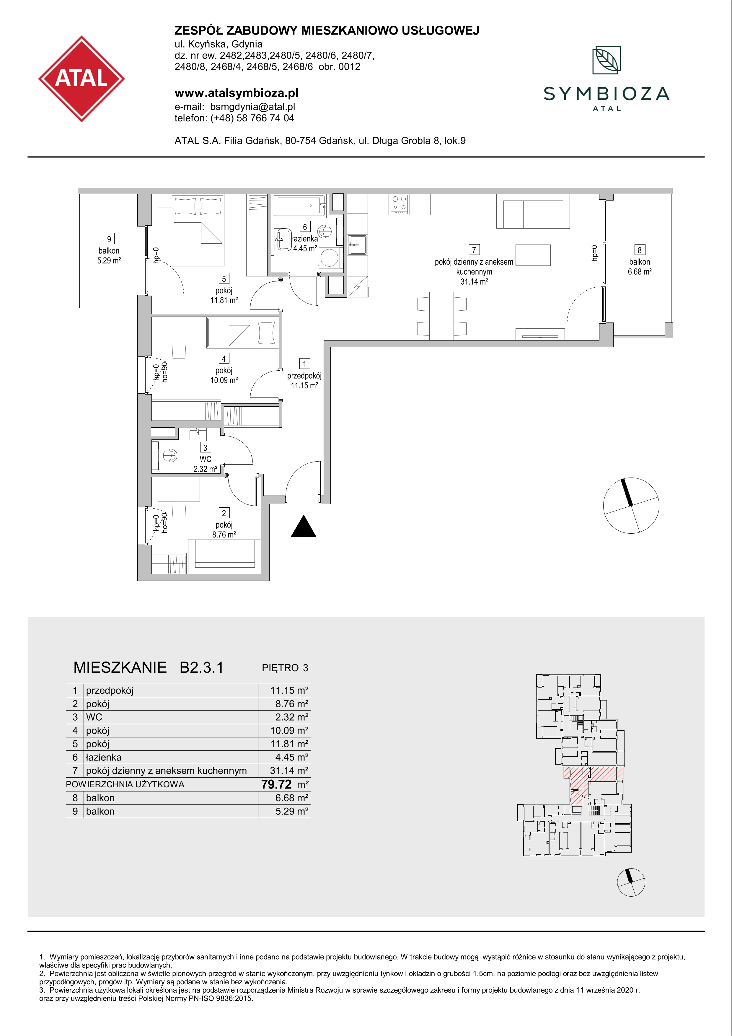 Mieszkanie 79,72 m², piętro 3, oferta nr B2.3.1, ATAL Symbioza, Gdynia, Cisowa, ul. Kcyńska