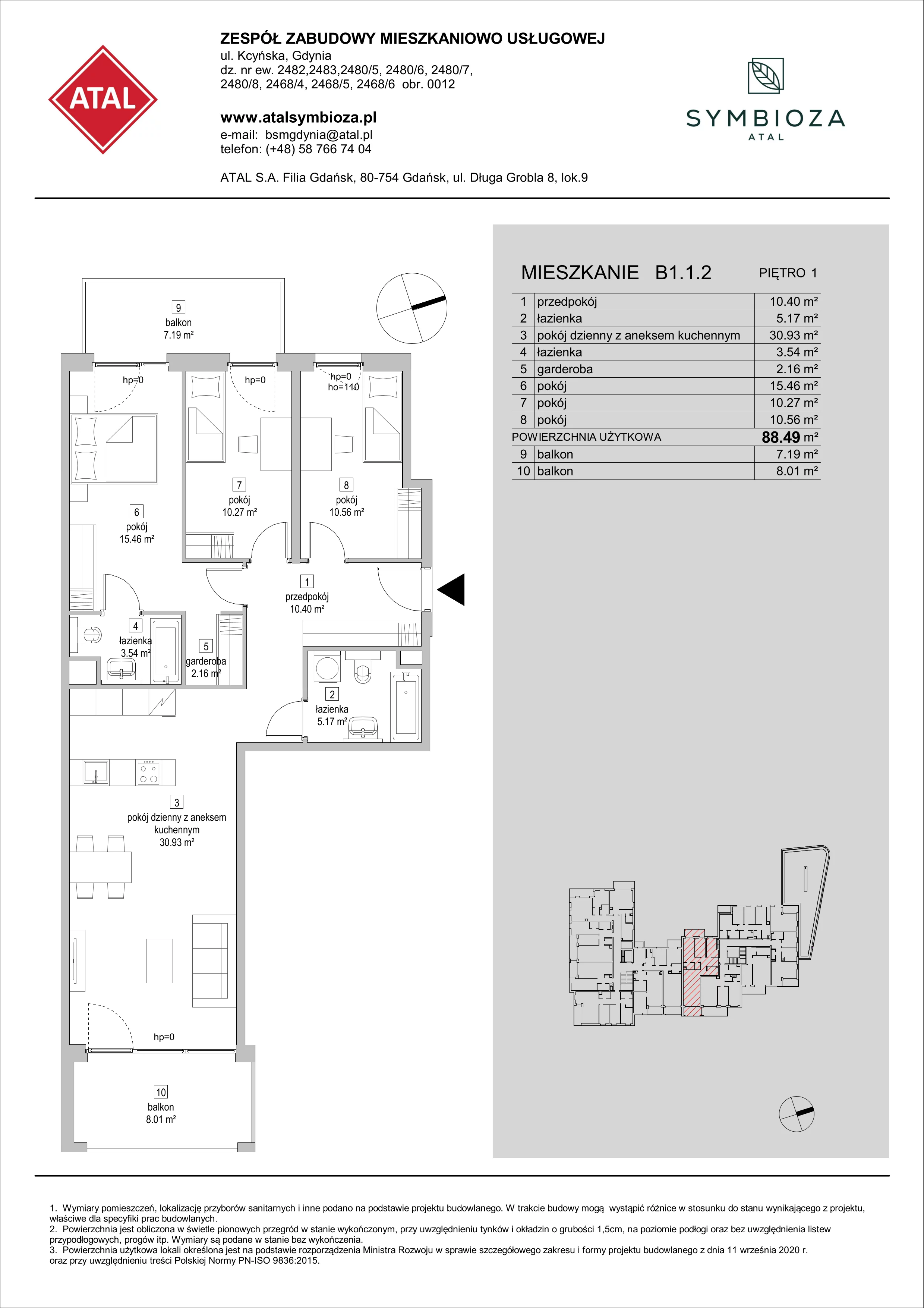 4 pokoje, mieszkanie 88,49 m², piętro 1, oferta nr B1.1.2, ATAL Symbioza, Gdynia, Cisowa, ul. Kcyńska