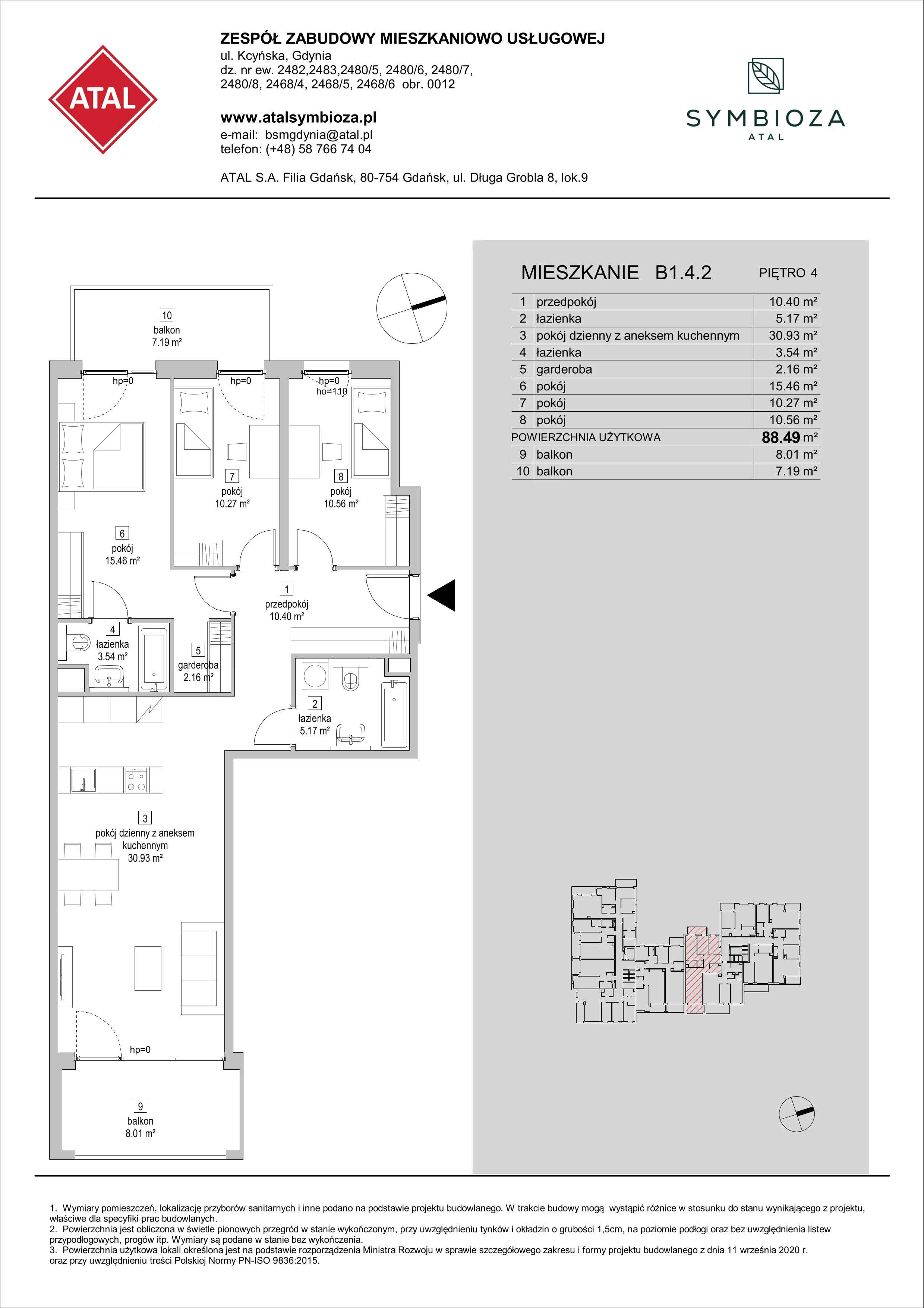 4 pokoje, mieszkanie 88,49 m², piętro 4, oferta nr B1.4.2, ATAL Symbioza, Gdynia, Cisowa, ul. Kcyńska