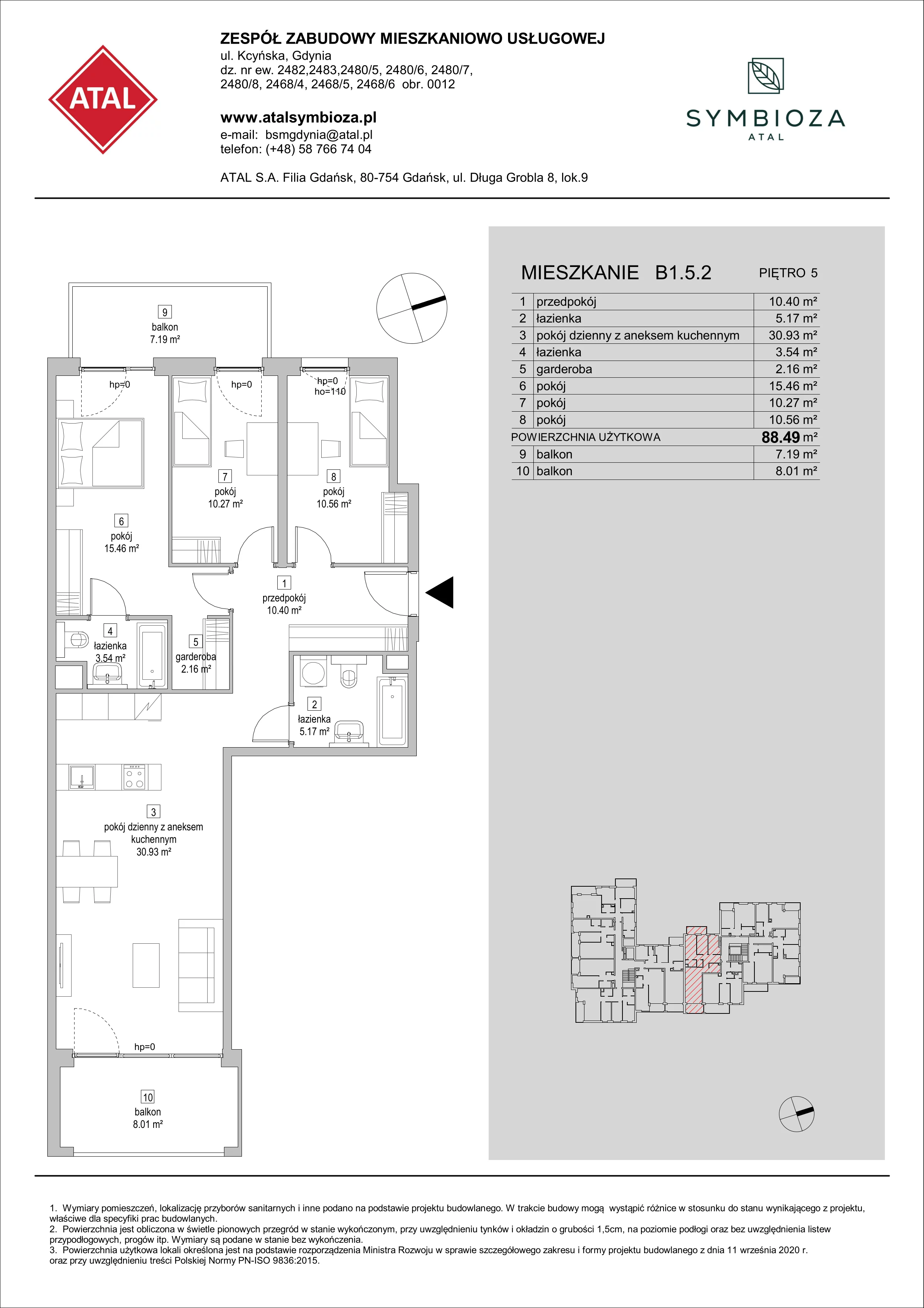 4 pokoje, mieszkanie 88,49 m², piętro 5, oferta nr B1.5.2, ATAL Symbioza, Gdynia, Cisowa, ul. Kcyńska