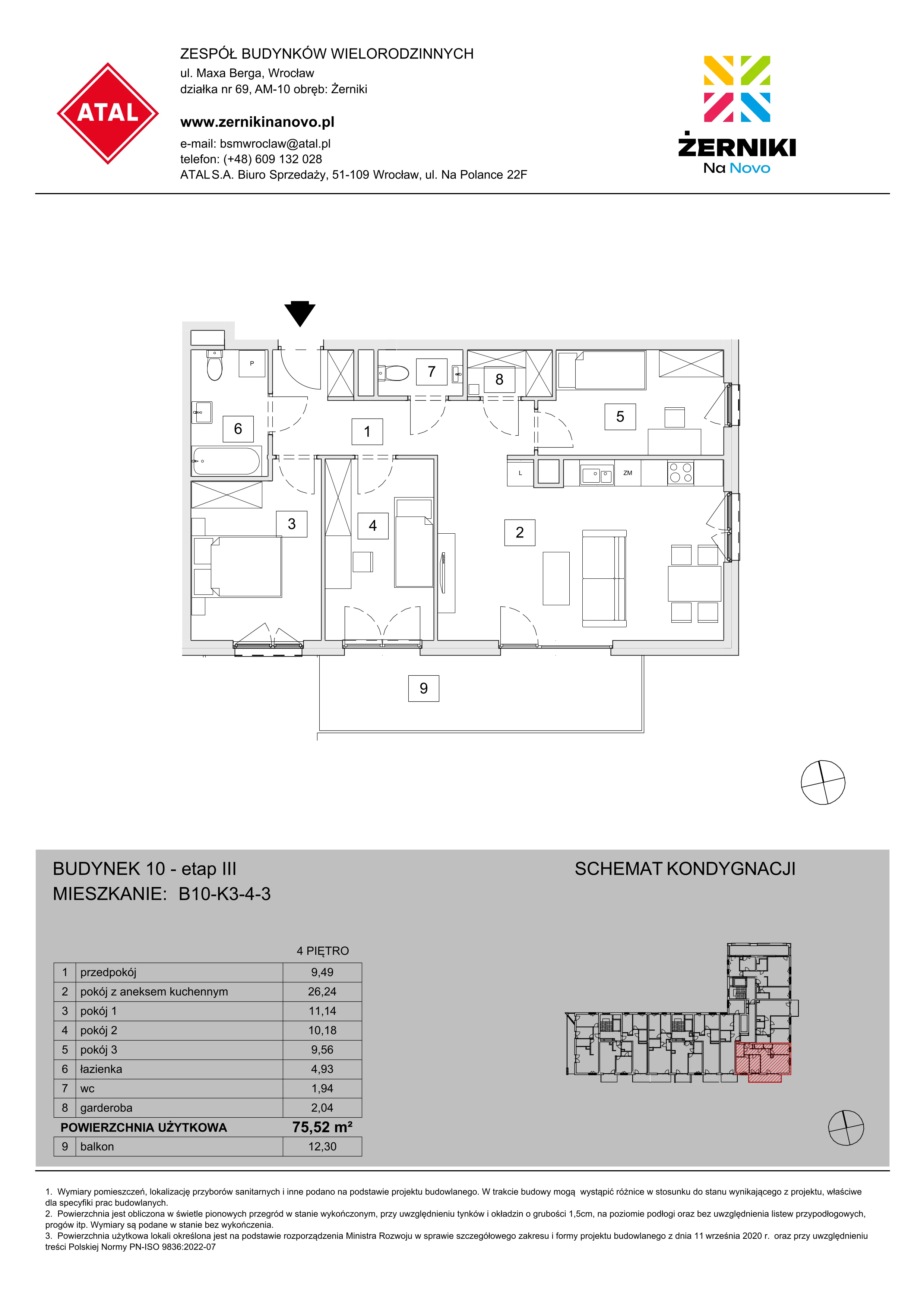 Mieszkanie 75,52 m², piętro 4, oferta nr B10-K3-4-3, Żerniki Na Novo III, Wrocław, Żerniki, ul. Maxa Berga