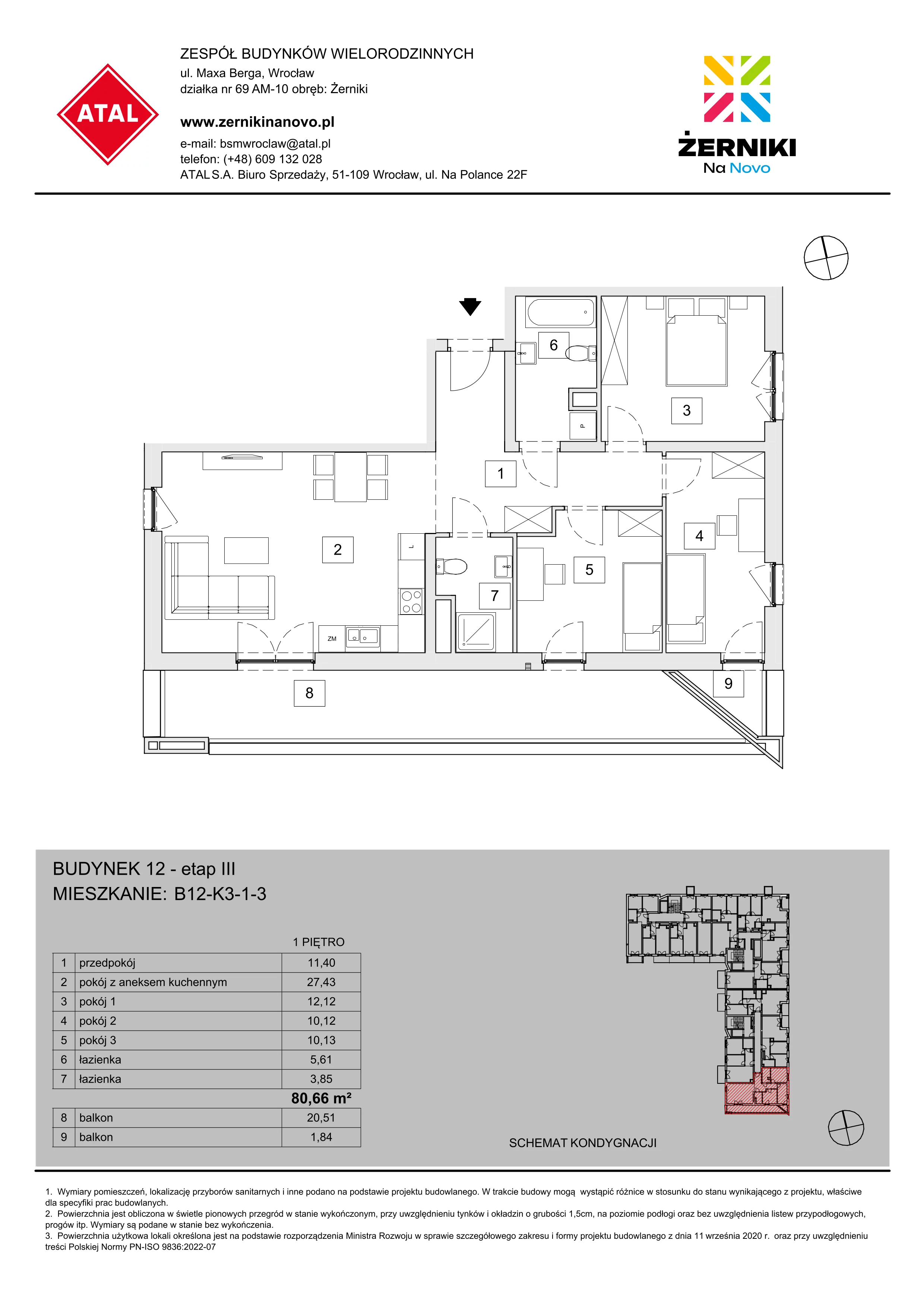 Mieszkanie 80,66 m², piętro 1, oferta nr B12-K3-1-3, Żerniki Na Novo III, Wrocław, Żerniki, ul. Maxa Berga