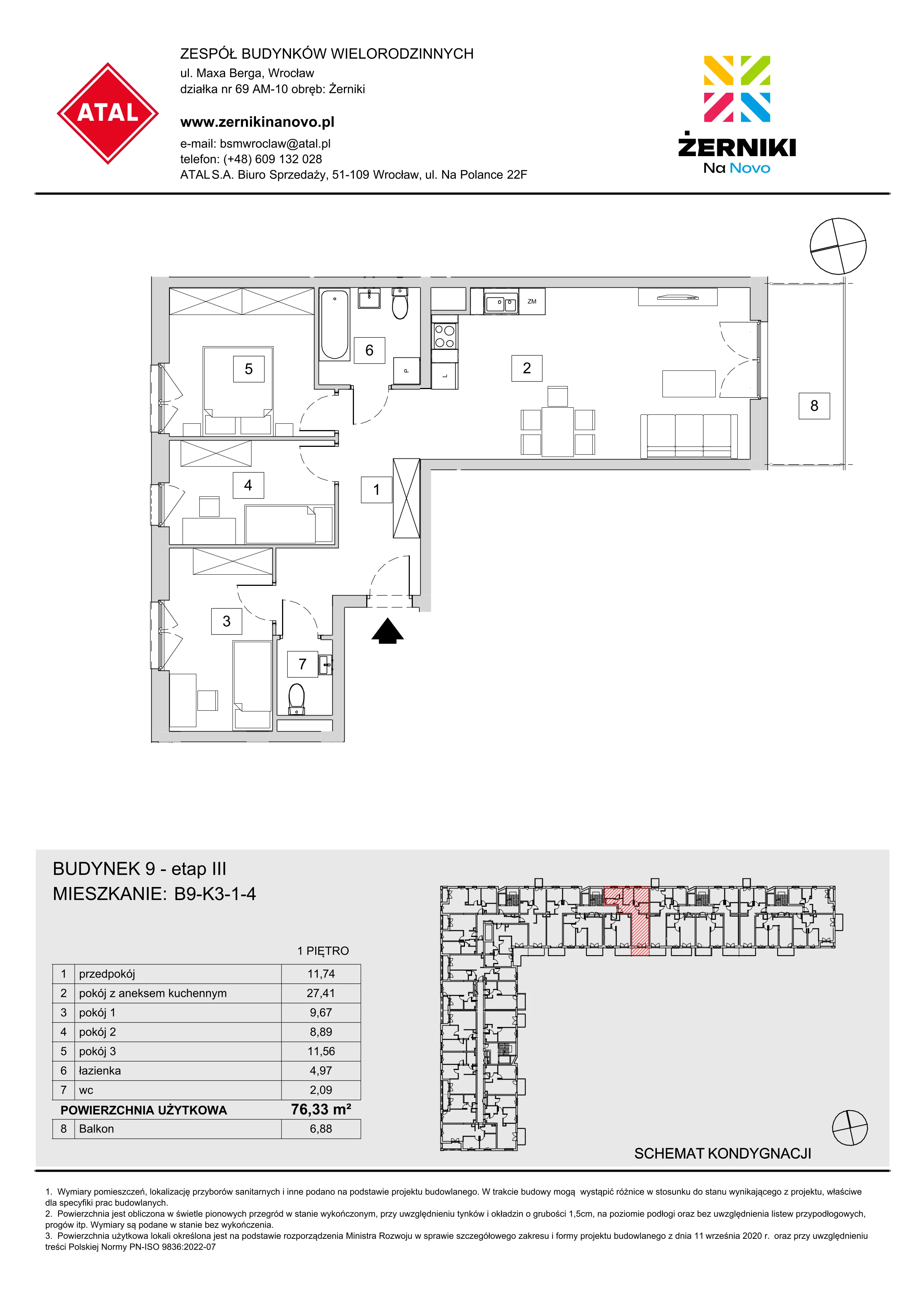 Mieszkanie 76,33 m², piętro 1, oferta nr B9-K3-1-4, Żerniki Na Novo III, Wrocław, Żerniki, ul. Maxa Berga