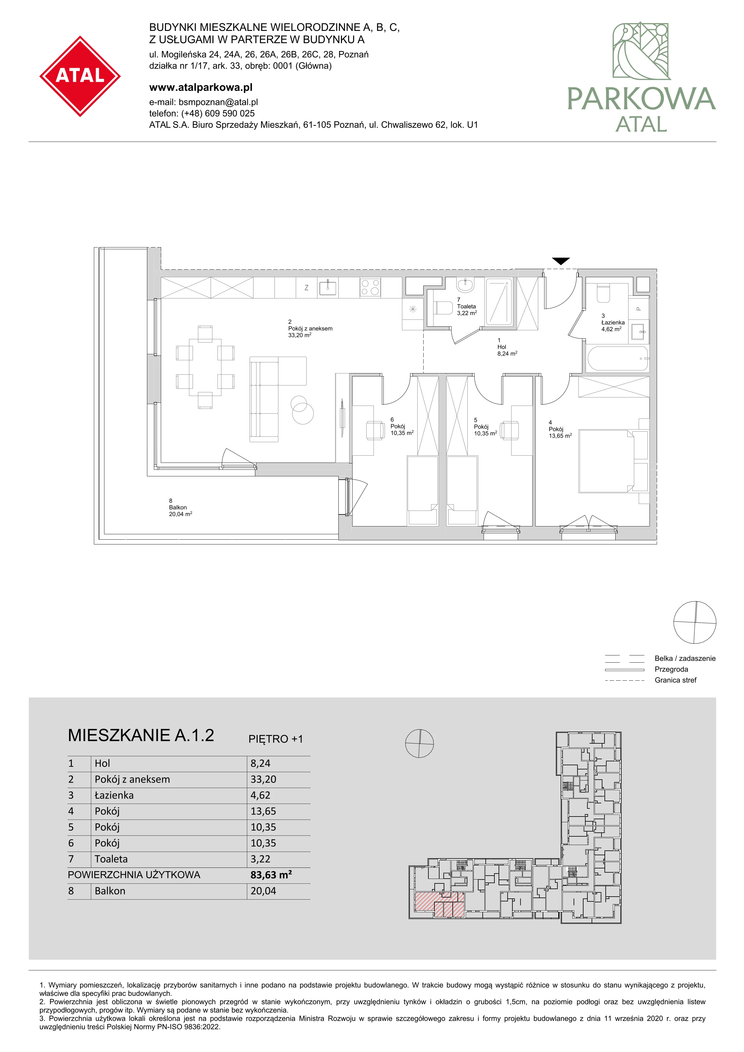 4 pokoje, mieszkanie 83,63 m², piętro 1, oferta nr A.1.2, ATAL Parkowa, Poznań, Nowe Miasto, Osiedle Warszawskie, ul. Mogileńska