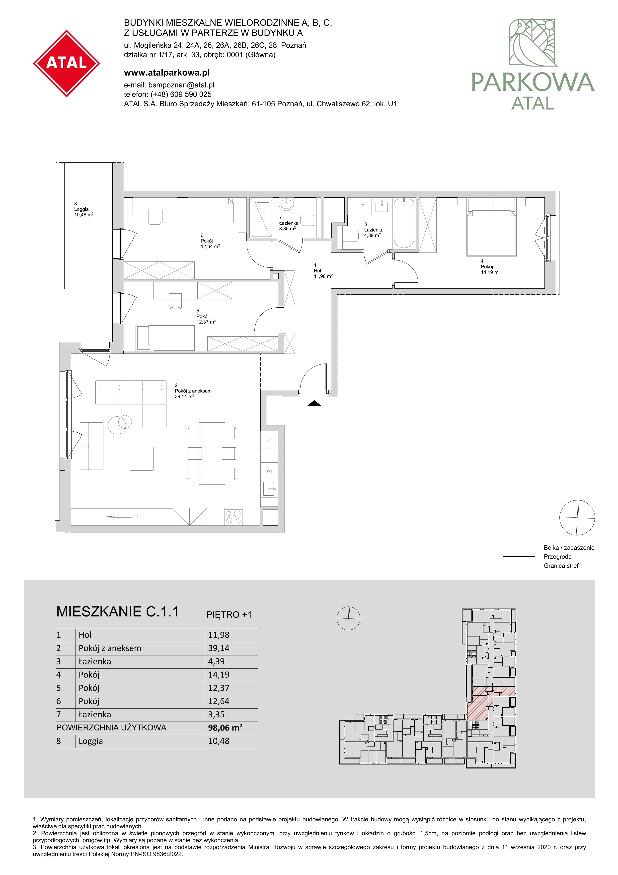 4 pokoje, mieszkanie 98,06 m², piętro 1, oferta nr C.1.1, ATAL Parkowa, Poznań, Nowe Miasto, Osiedle Warszawskie, ul. Mogileńska