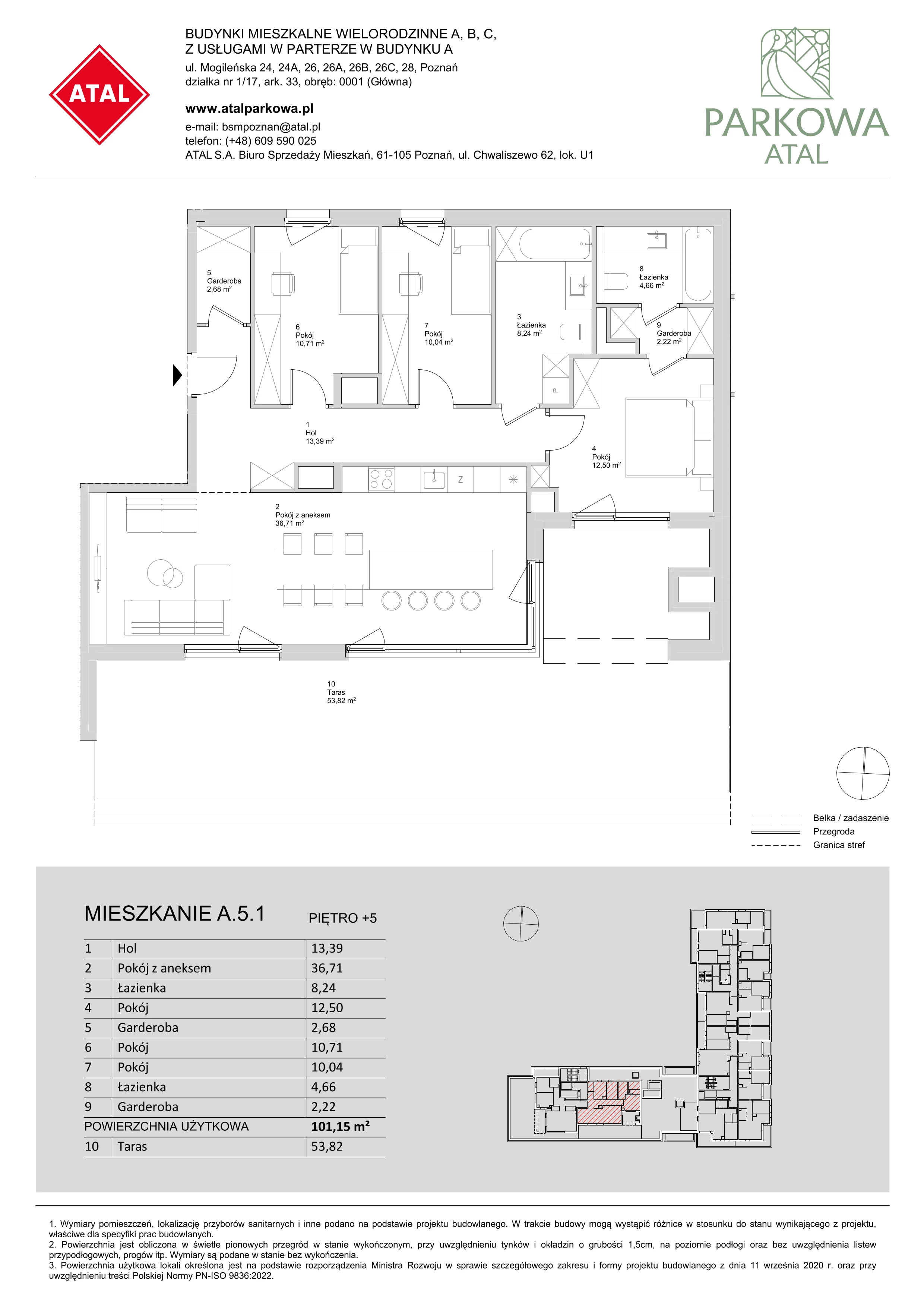 4 pokoje, mieszkanie 101,15 m², piętro 5, oferta nr A.5.1, ATAL Parkowa, Poznań, Nowe Miasto, Osiedle Warszawskie, ul. Mogileńska