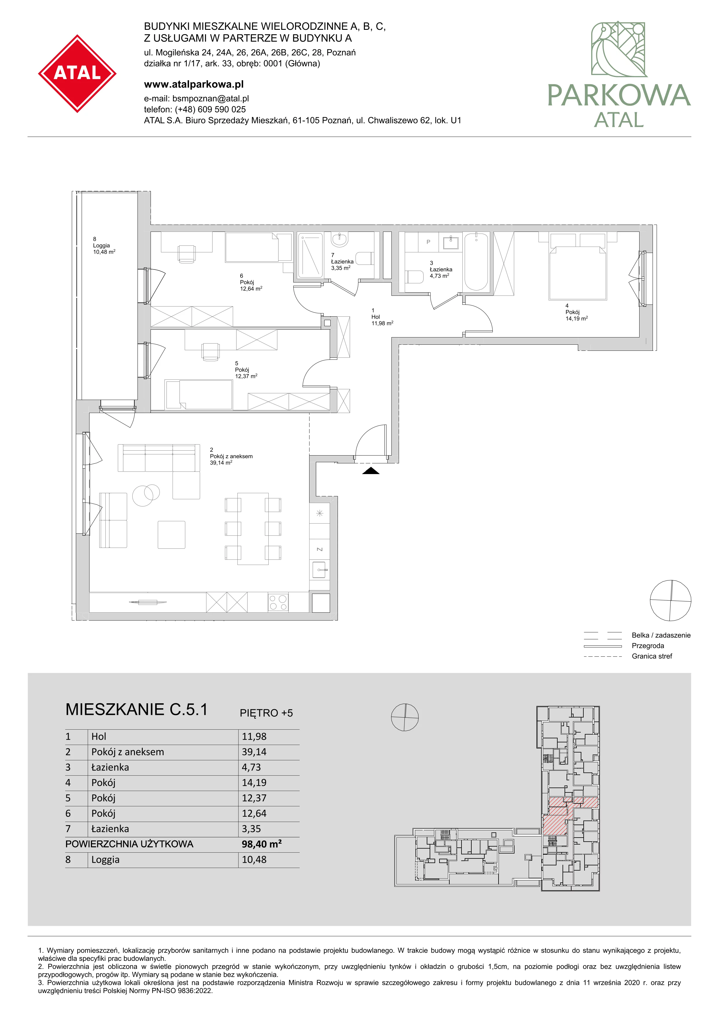 4 pokoje, mieszkanie 98,40 m², piętro 5, oferta nr C.5.1, ATAL Parkowa, Poznań, Nowe Miasto, Osiedle Warszawskie, ul. Mogileńska
