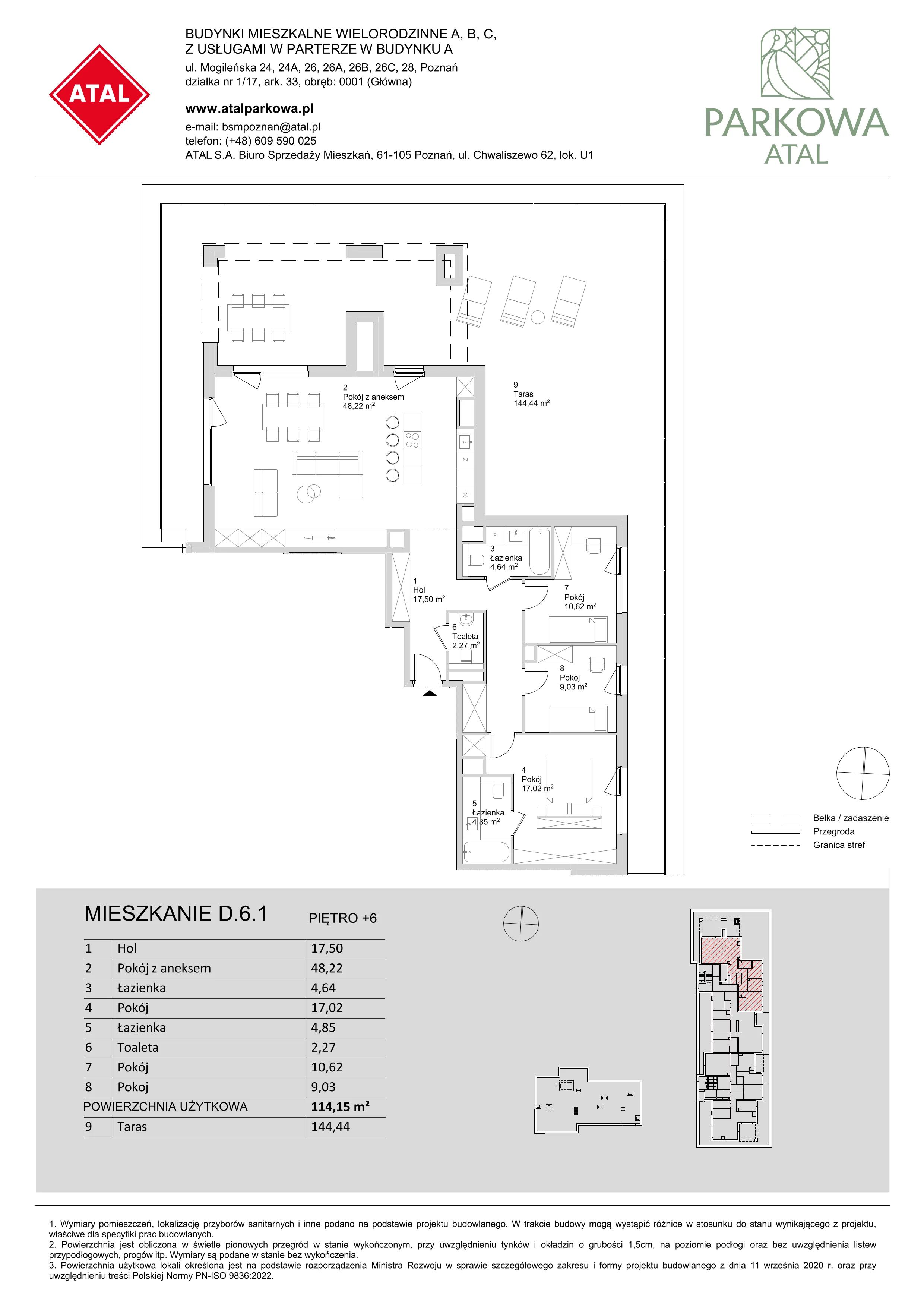 4 pokoje, mieszkanie 114,15 m², piętro 6, oferta nr D.6.1, ATAL Parkowa, Poznań, Nowe Miasto, Osiedle Warszawskie, ul. Mogileńska