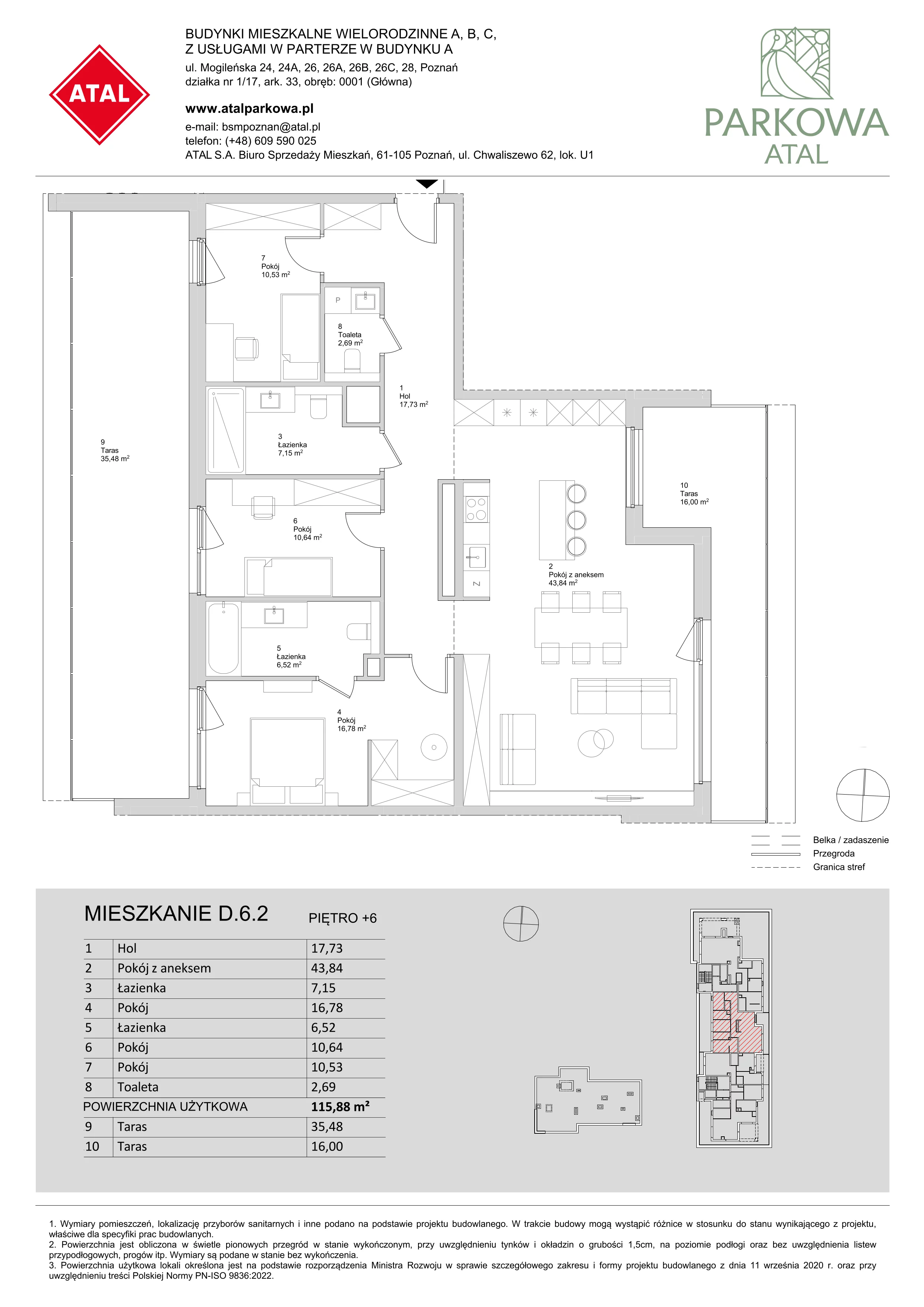4 pokoje, mieszkanie 115,88 m², piętro 6, oferta nr D.6.2, ATAL Parkowa, Poznań, Nowe Miasto, Osiedle Warszawskie, ul. Mogileńska